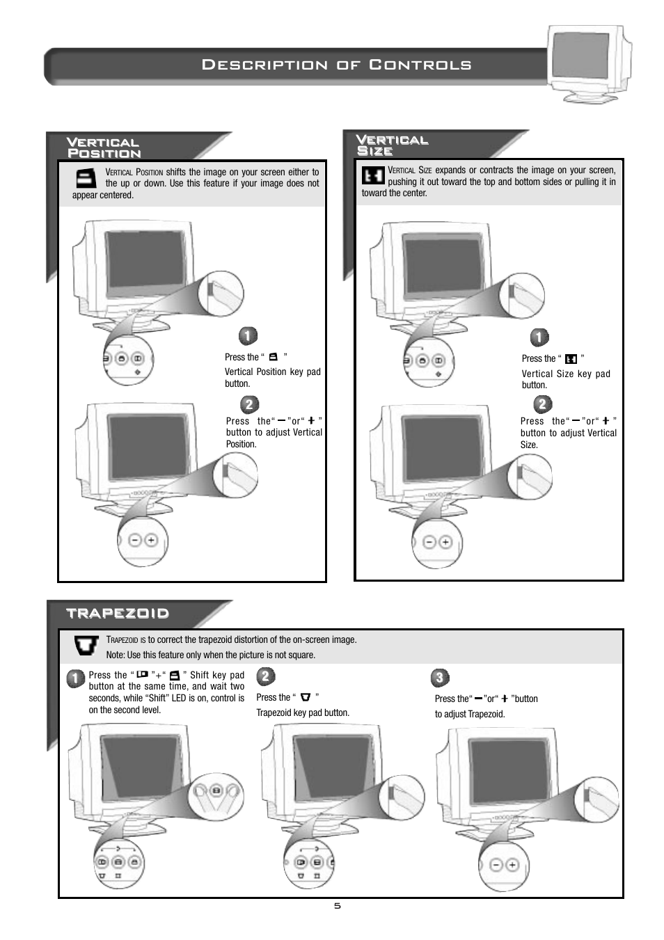 Description of controls, Ver er tic tic al al position position, Ver er tic tic al al size size | Tr apezoid apezoid | Philips 104B Color Monitor 14B2320W User Manual | Page 6 / 11