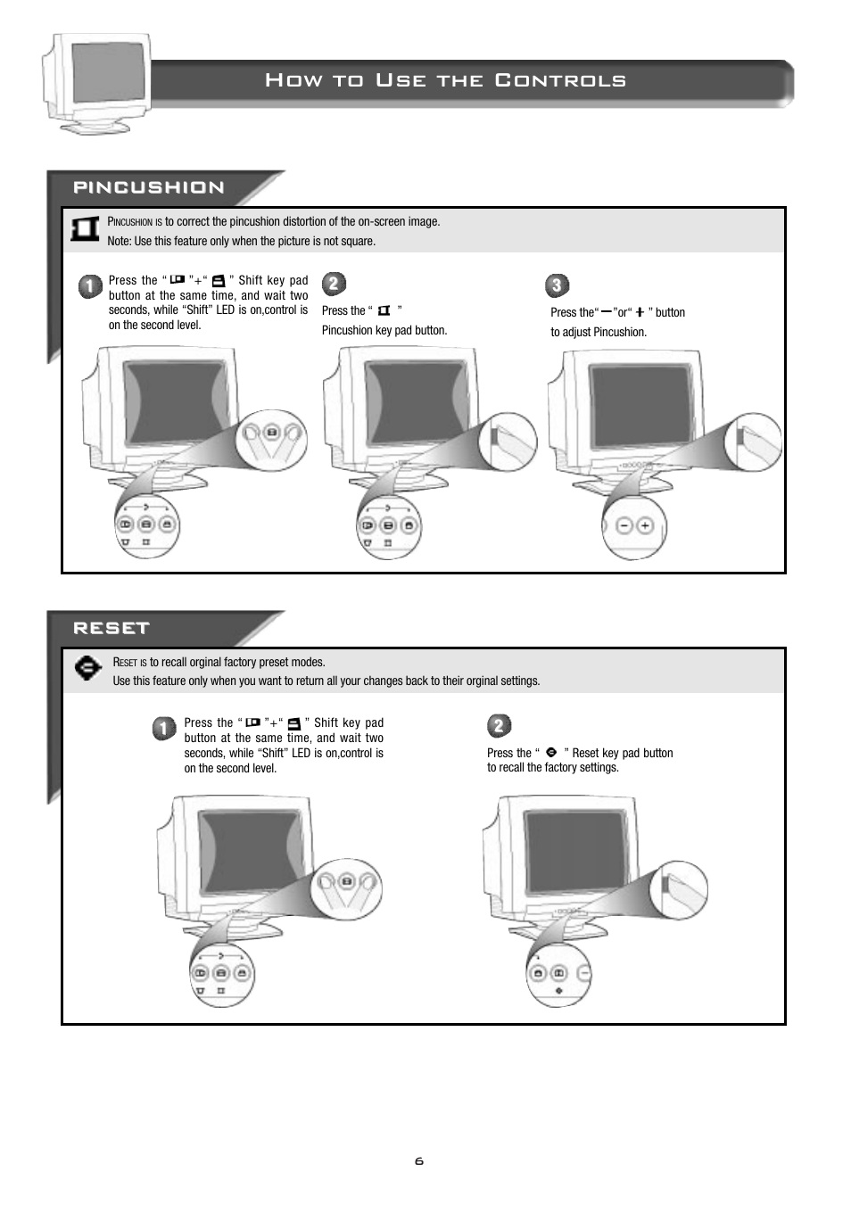 How to use the controls, Pincushion, Reset | Philips 104B Color Monitor 14B2320W User Manual | Page 7 / 11