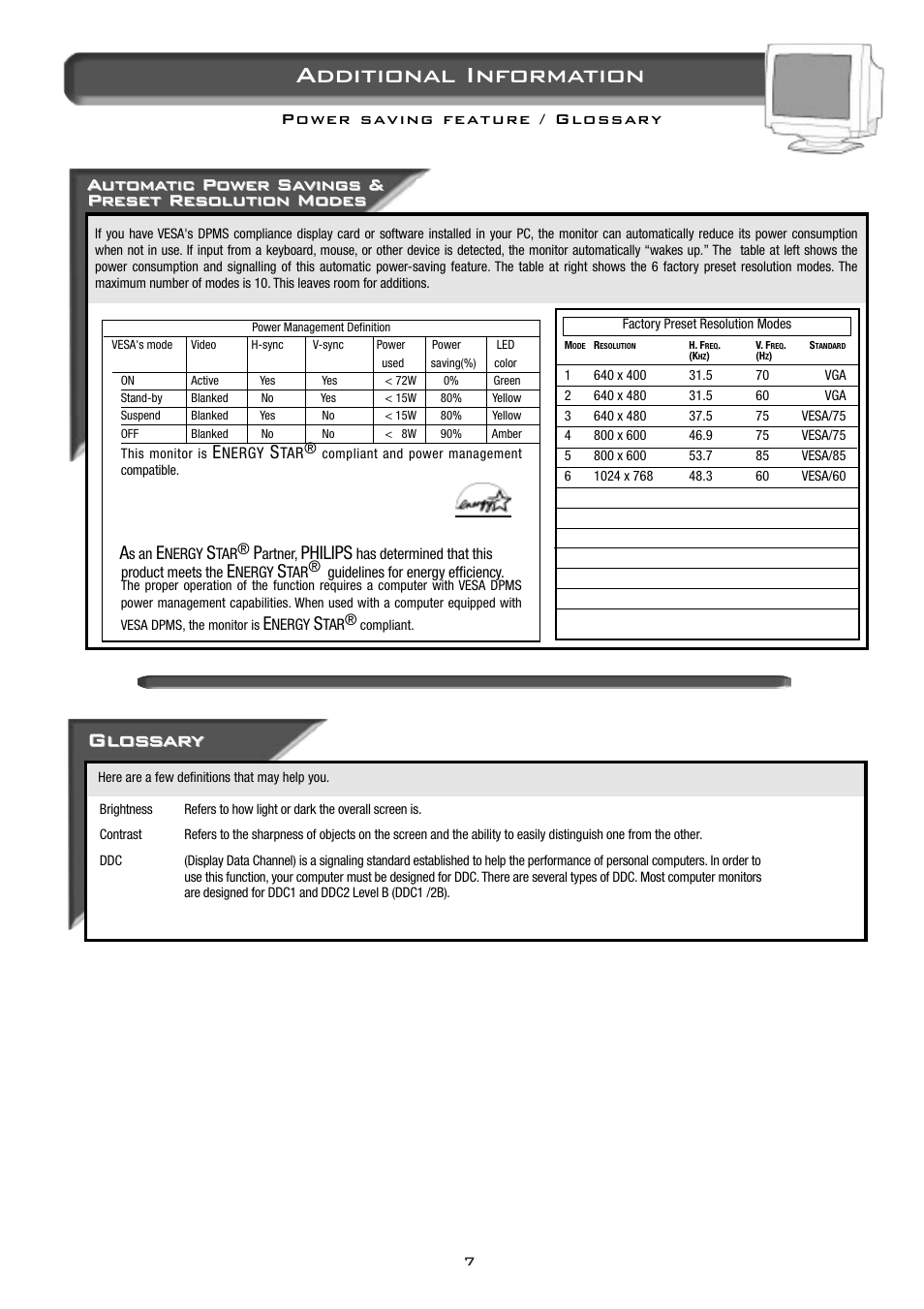 Additional information, Glos, Glos s s ar ar y y | Philips | Philips 104B Color Monitor 14B2320W User Manual | Page 8 / 11