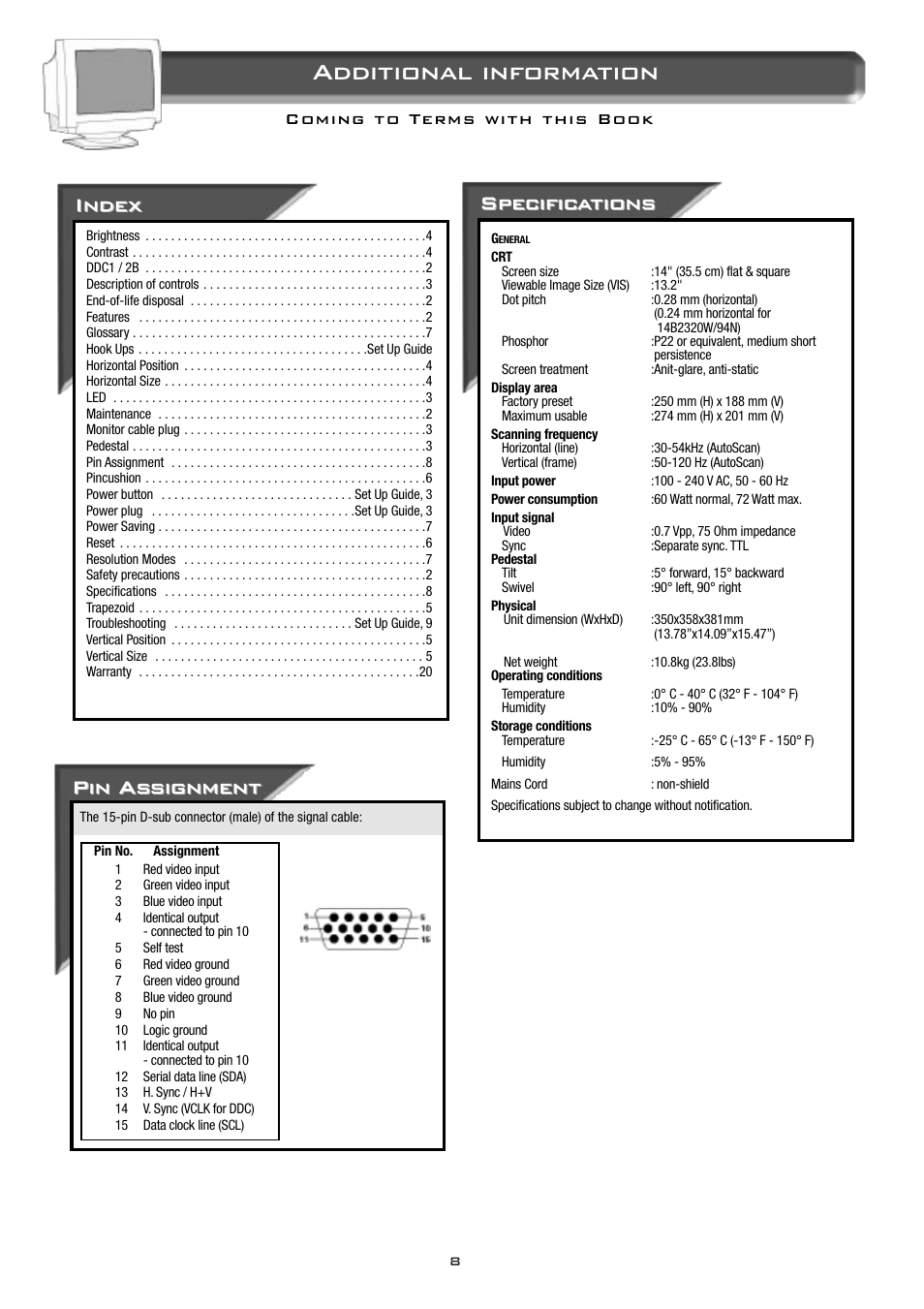 Additional information, Pin as, Pin as signment signment | Specific, Specific a a tions tions, Index | Philips 104B Color Monitor 14B2320W User Manual | Page 9 / 11