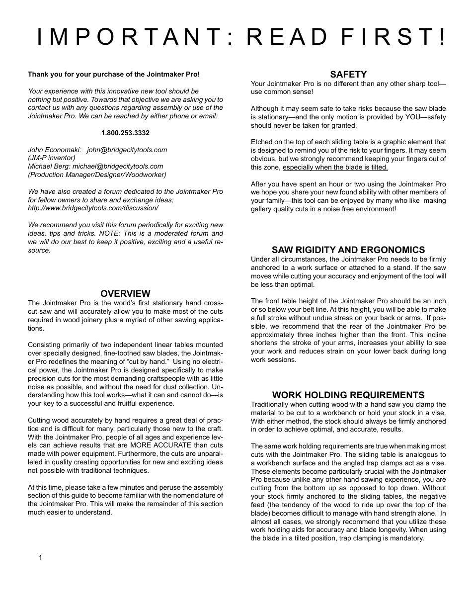 Overview, Safety, Saw rigidity and ergonomics | Work holding requirements | Philips Jointmaker Pro Signature Series User Manual | Page 2 / 24