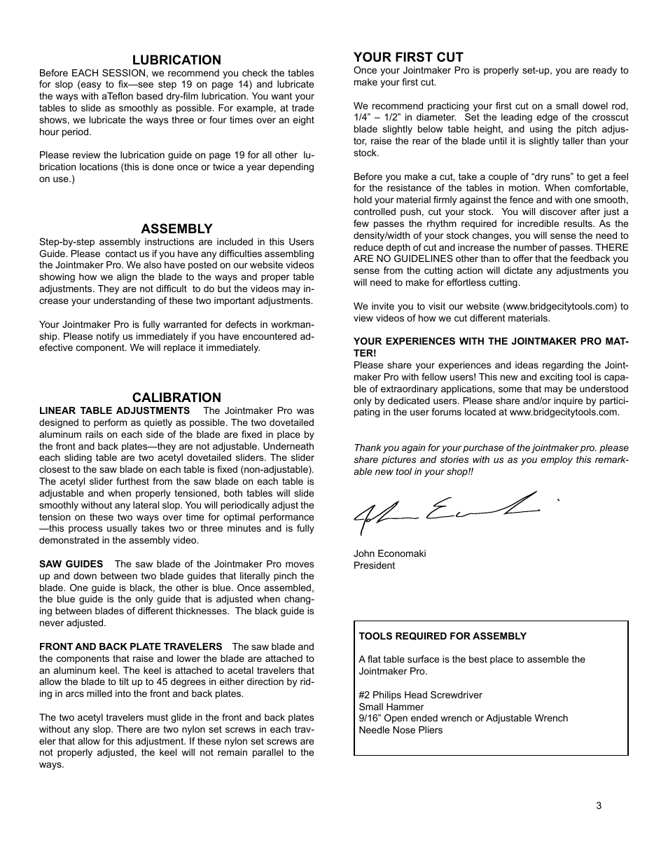 Lubrication, Assembly, Calibration | Your first cut | Philips Jointmaker Pro Signature Series User Manual | Page 4 / 24