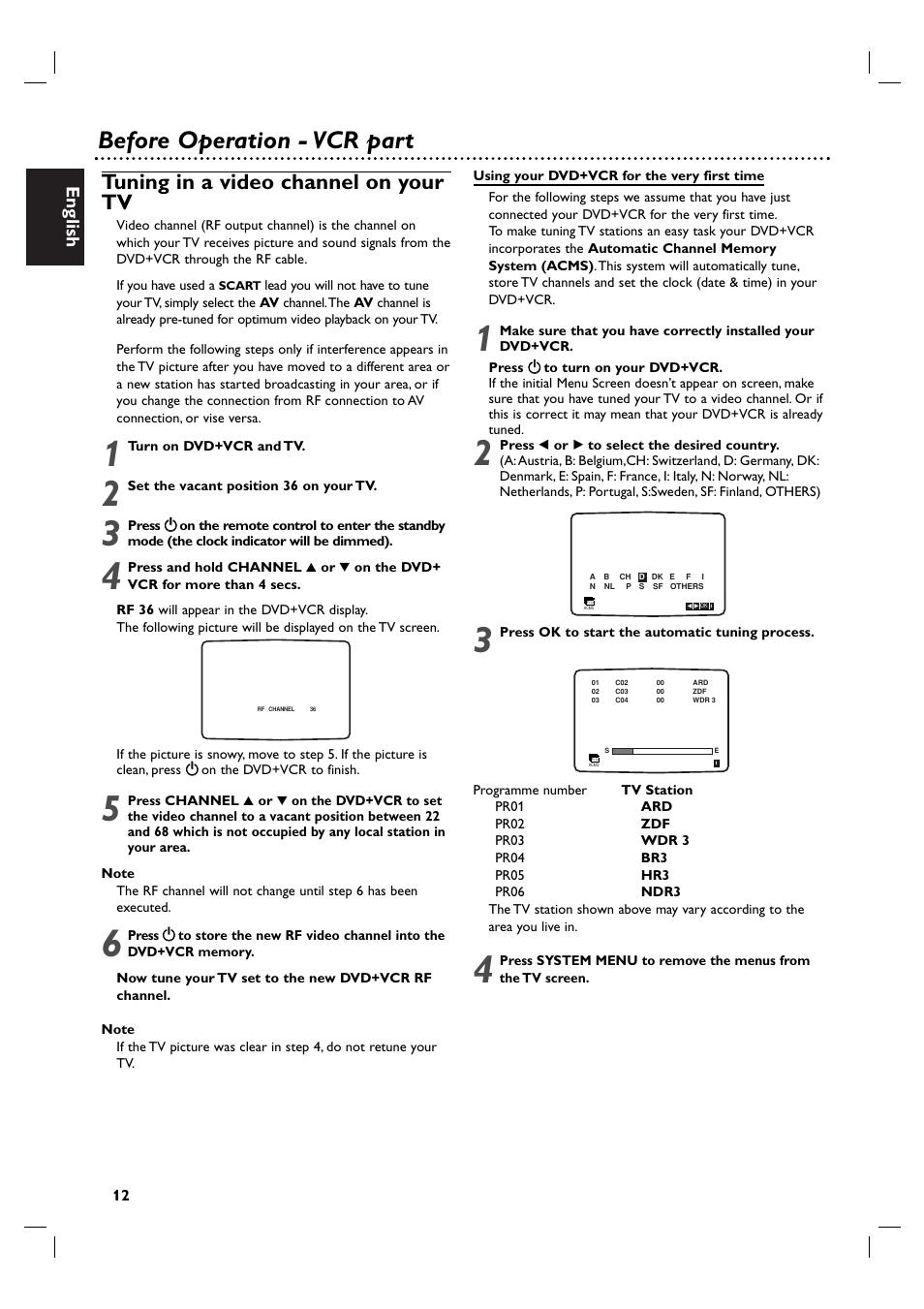 Before operation - vcr part, Tuning in a video channel on your tv, English | Philips DVP3055V/01 User Manual | Page 12 / 37