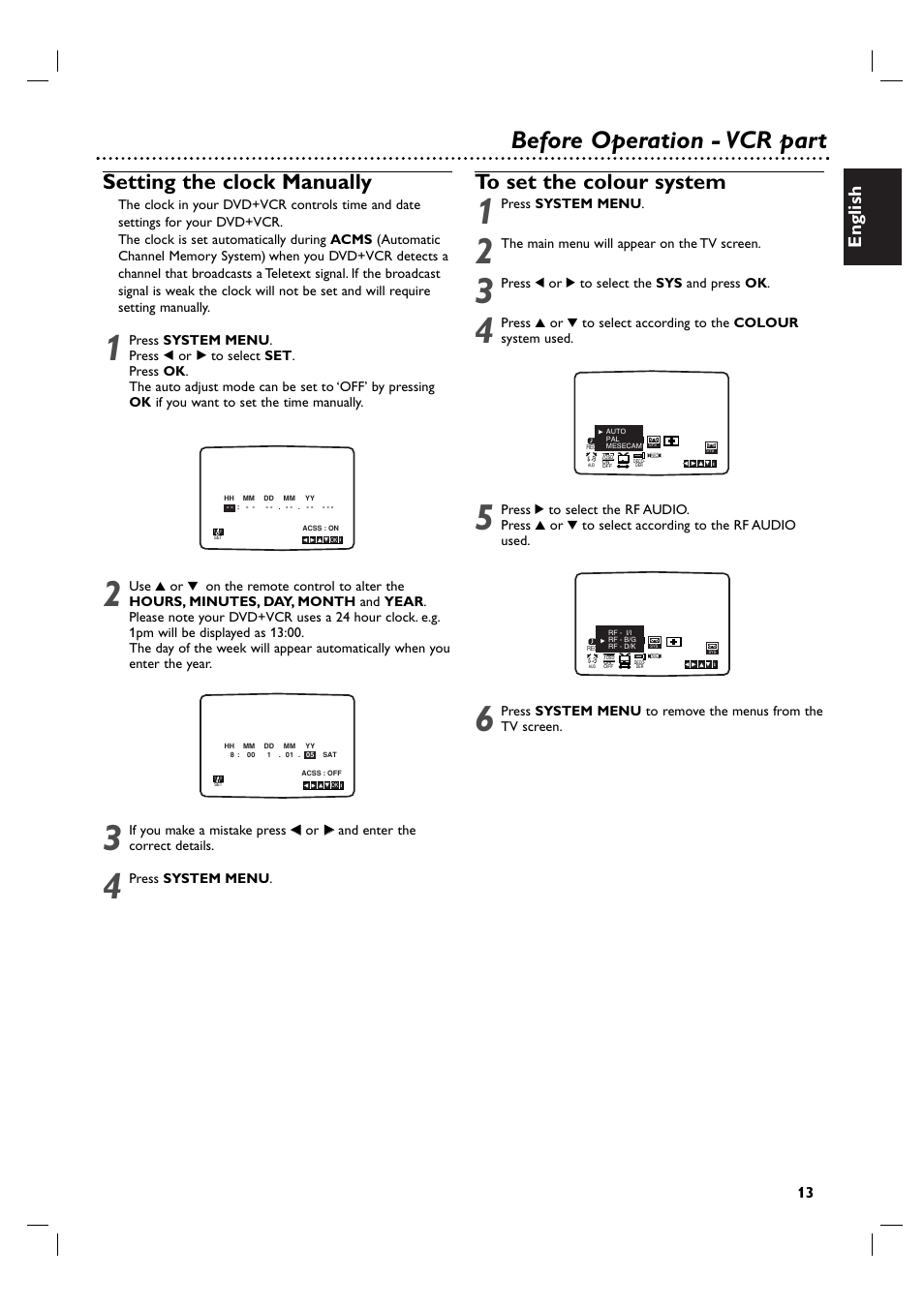 Before operation - vcr part, Setting the clock manually, English | Press system menu, The main menu will appear on the tv screen, Press 1 or 2 to select the sys and press ok | Philips DVP3055V/01 User Manual | Page 13 / 37