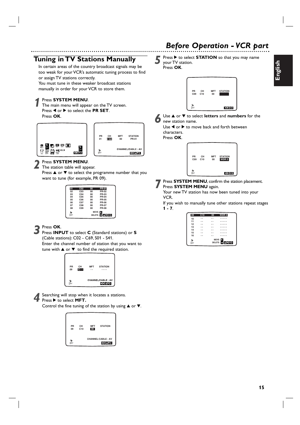 Before operation - vcr part, Tuning in tv stations manually, English | Philips DVP3055V/01 User Manual | Page 15 / 37