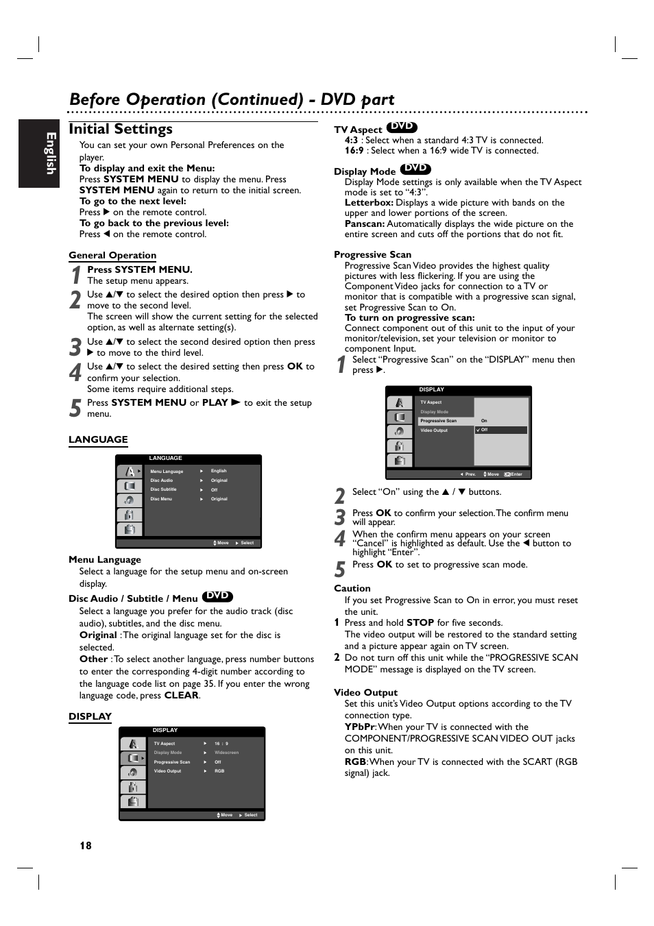 Before operation (continued) - dvd part, Initial settings, English | Philips DVP3055V/01 User Manual | Page 18 / 37