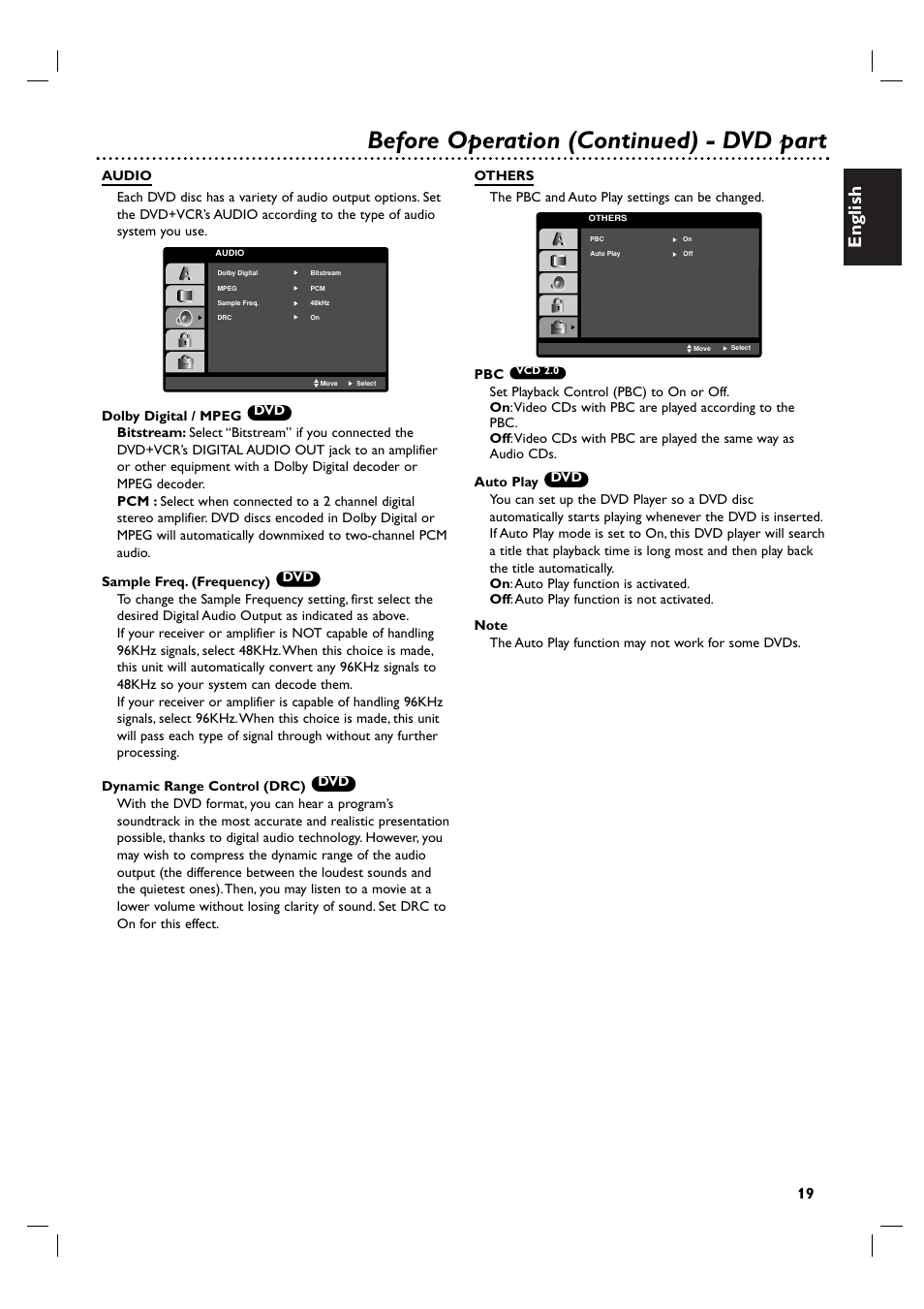 Before operation (continued) - dvd part, English | Philips DVP3055V/01 User Manual | Page 19 / 37