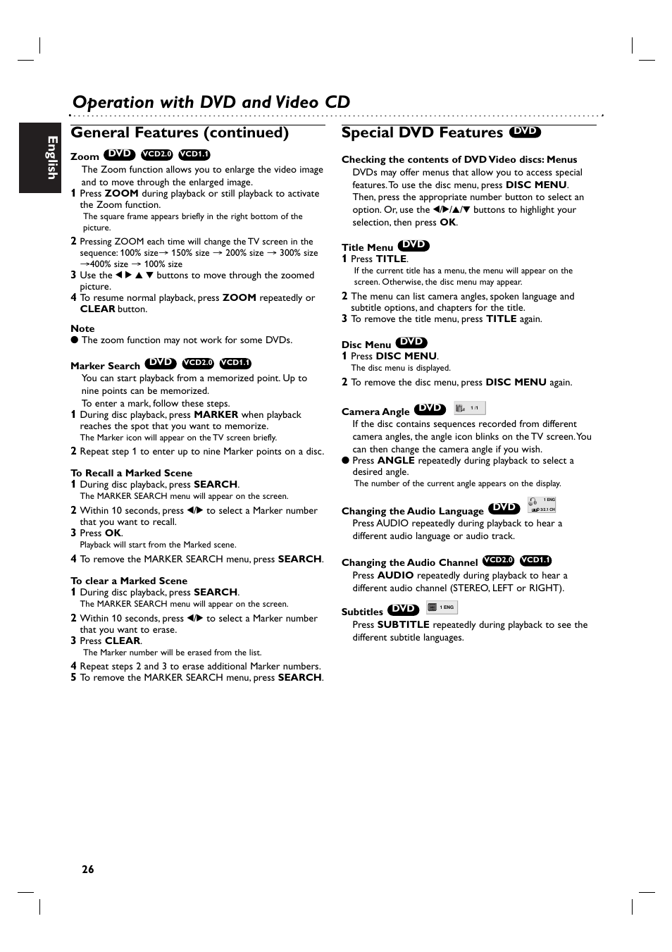 Operation with dvd and video cd, General features (continued), Special dvd features | English | Philips DVP3055V/01 User Manual | Page 26 / 37