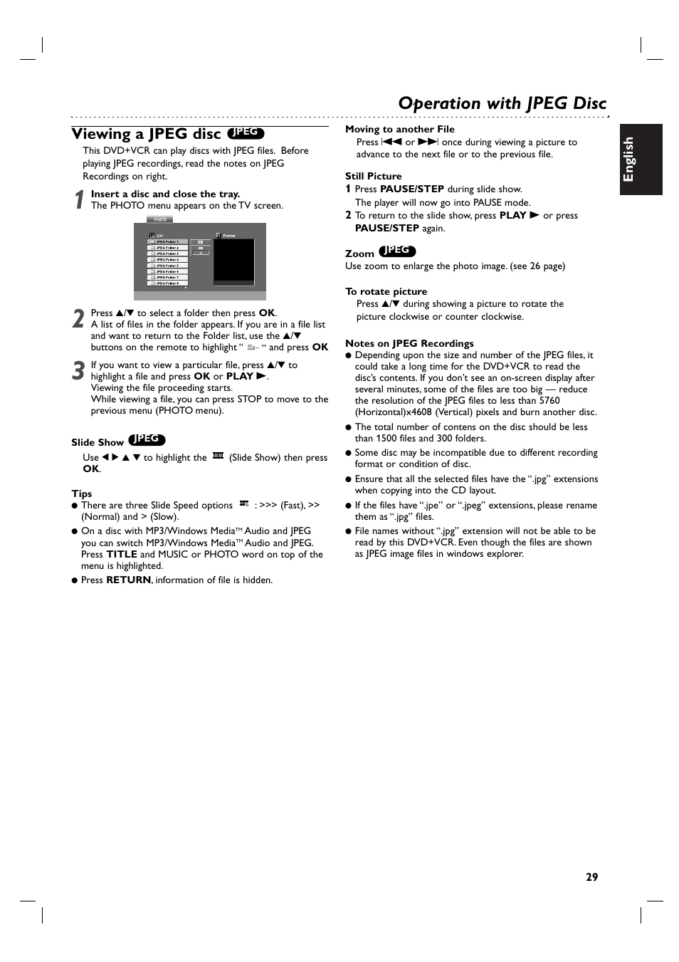 Operation with jpeg disc, Viewing a jpeg disc, English | Philips DVP3055V/01 User Manual | Page 29 / 37