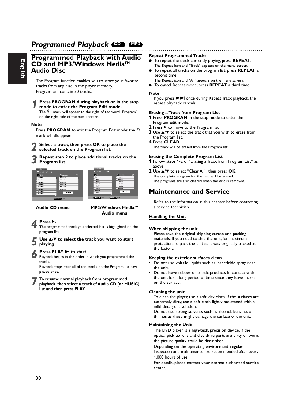 Programmed playback, Audio disc, Maintenance and service | Philips DVP3055V/01 User Manual | Page 30 / 37