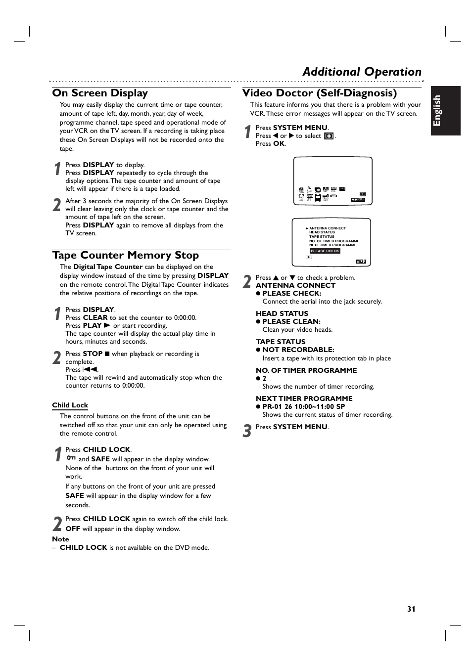 Additional operation, On screen display, Video doctor (self-diagnosis) | English | Philips DVP3055V/01 User Manual | Page 31 / 37