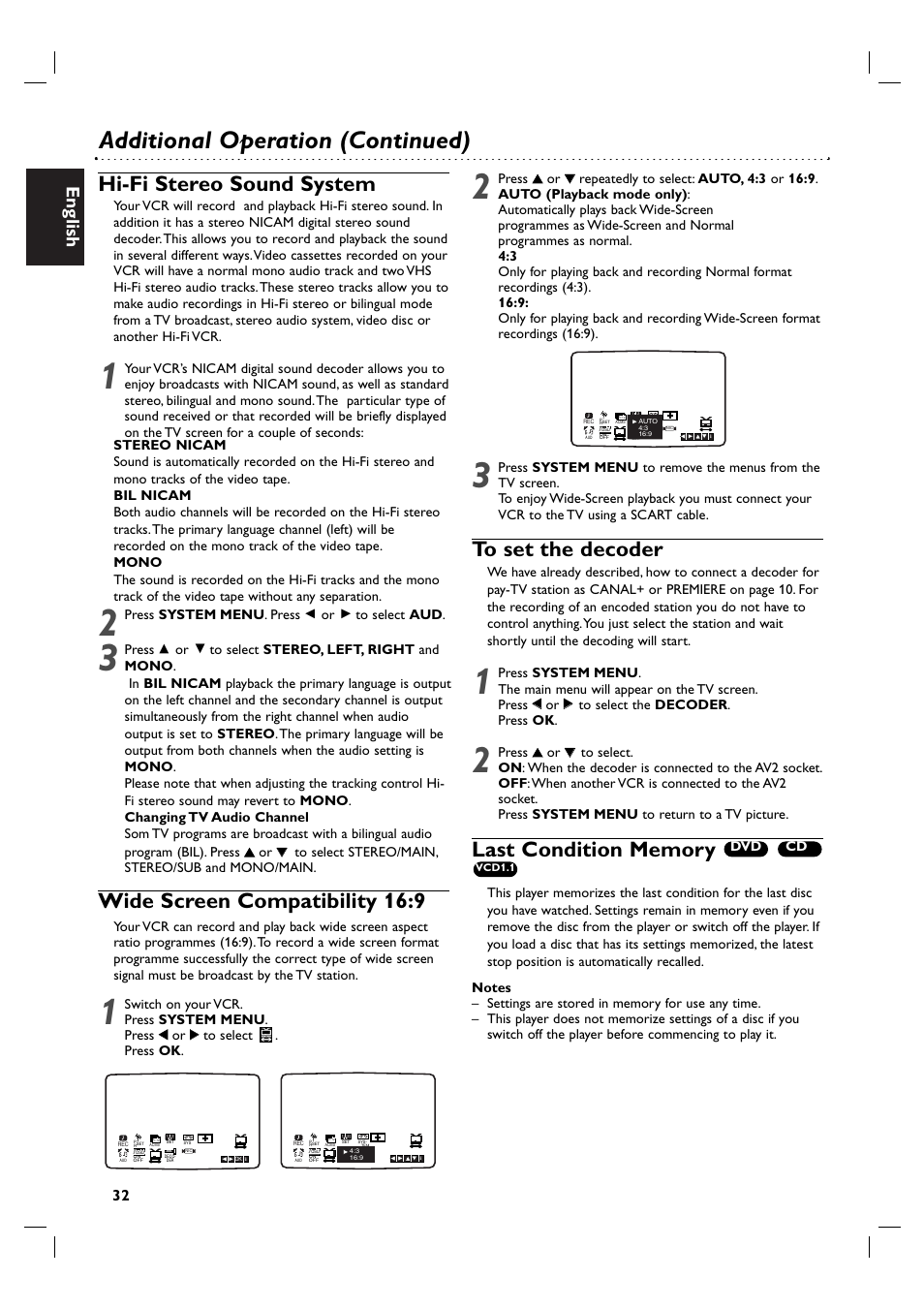 Additional operation (continued), Hi-fi stereo sound system, Wide screen compatibility 16:9 | English | Philips DVP3055V/01 User Manual | Page 32 / 37