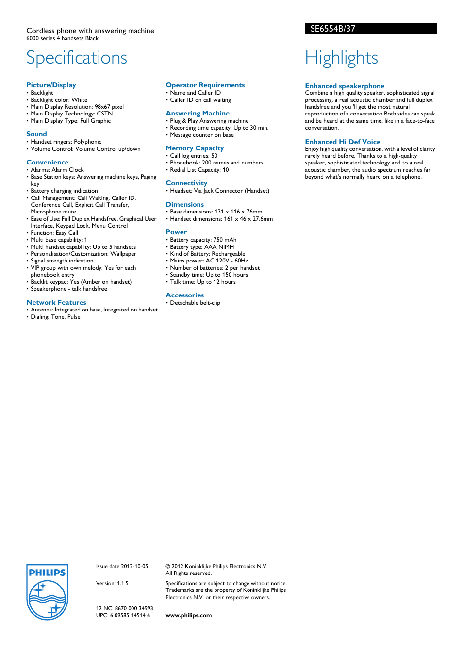 Specifications, Highlights | Philips SE6554B User Manual | Page 2 / 2