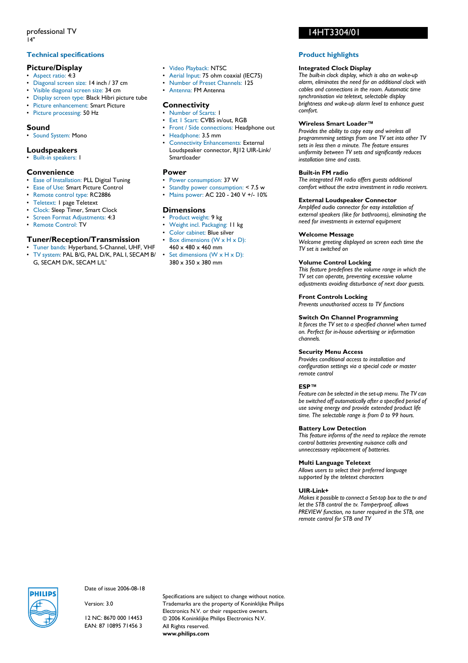 For preview purpose only | Philips 14HT3304 User Manual | Page 2 / 2