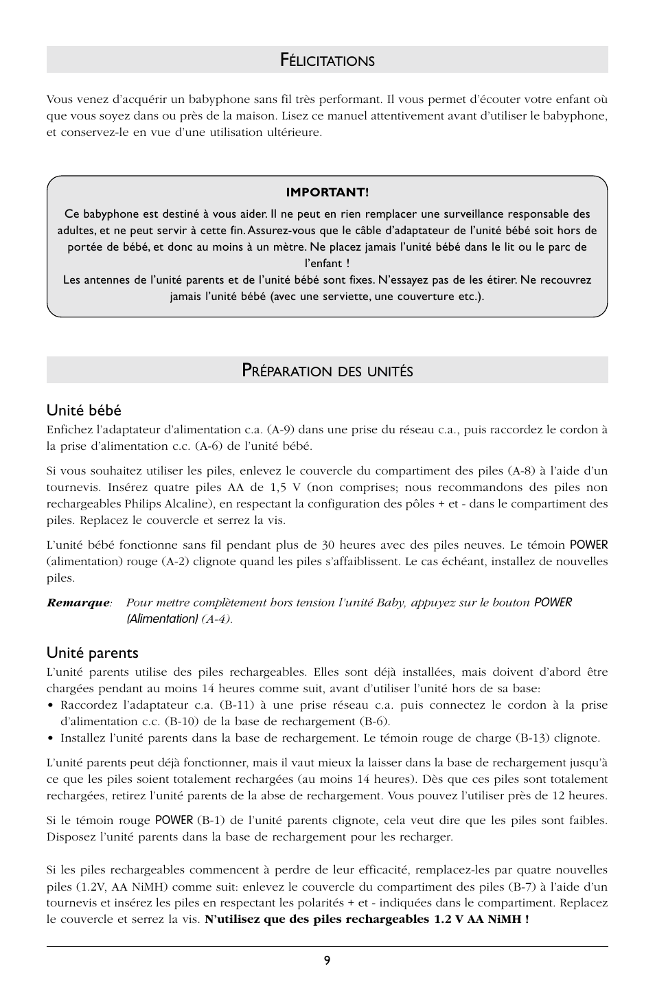 Unité bébé, Unité parents | Philips SBCSC365 User Manual | Page 10 / 75