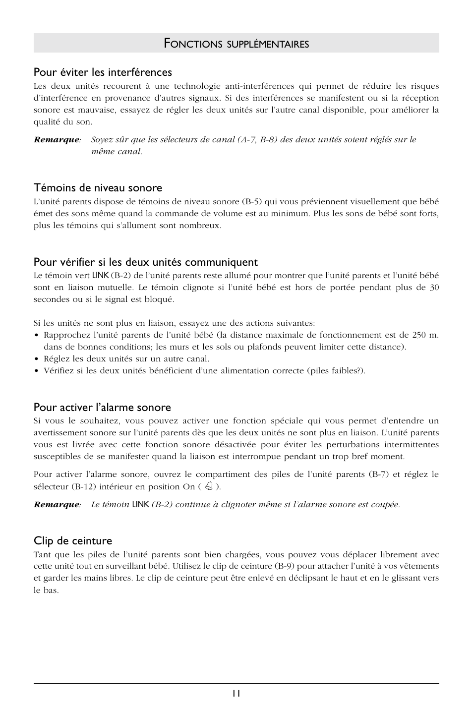 Pour éviter les interférences, Témoins de niveau sonore, Pour vérifier si les deux unités communiquent | Pour activer l’alarme sonore, Clip de ceinture | Philips SBCSC365 User Manual | Page 12 / 75