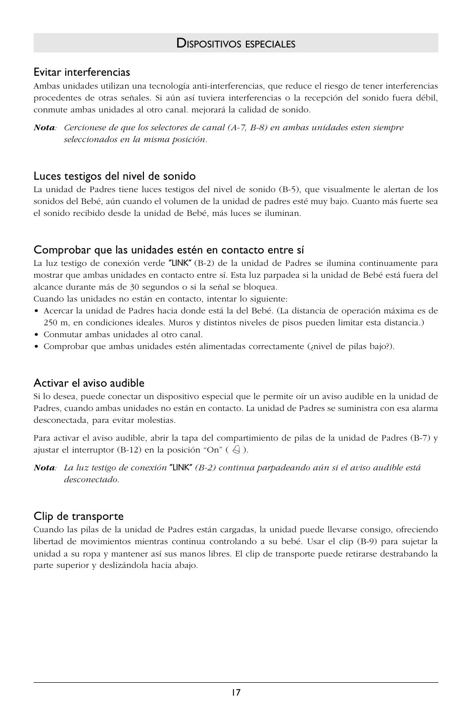 Evitar interferencias, Luces testigos del nivel de sonido, Activar el aviso audible | Clip de transporte | Philips SBCSC365 User Manual | Page 18 / 75