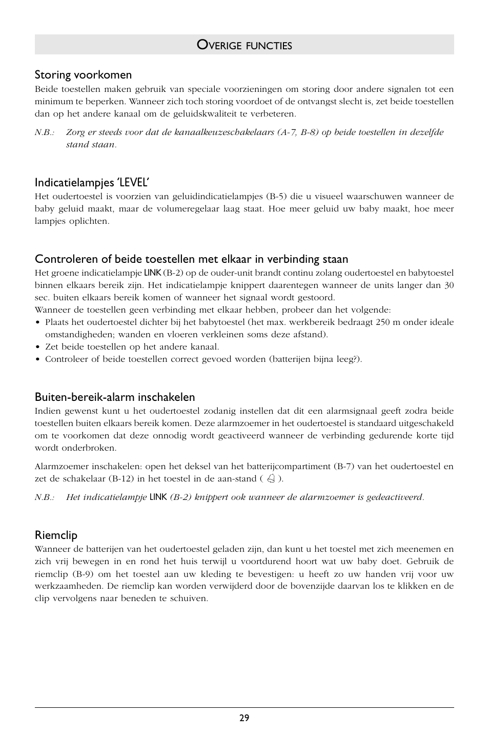 Storing voorkomen, Indicatielampjes ‘level, Buiten-bereik-alarm inschakelen | Riemclip | Philips SBCSC365 User Manual | Page 30 / 75