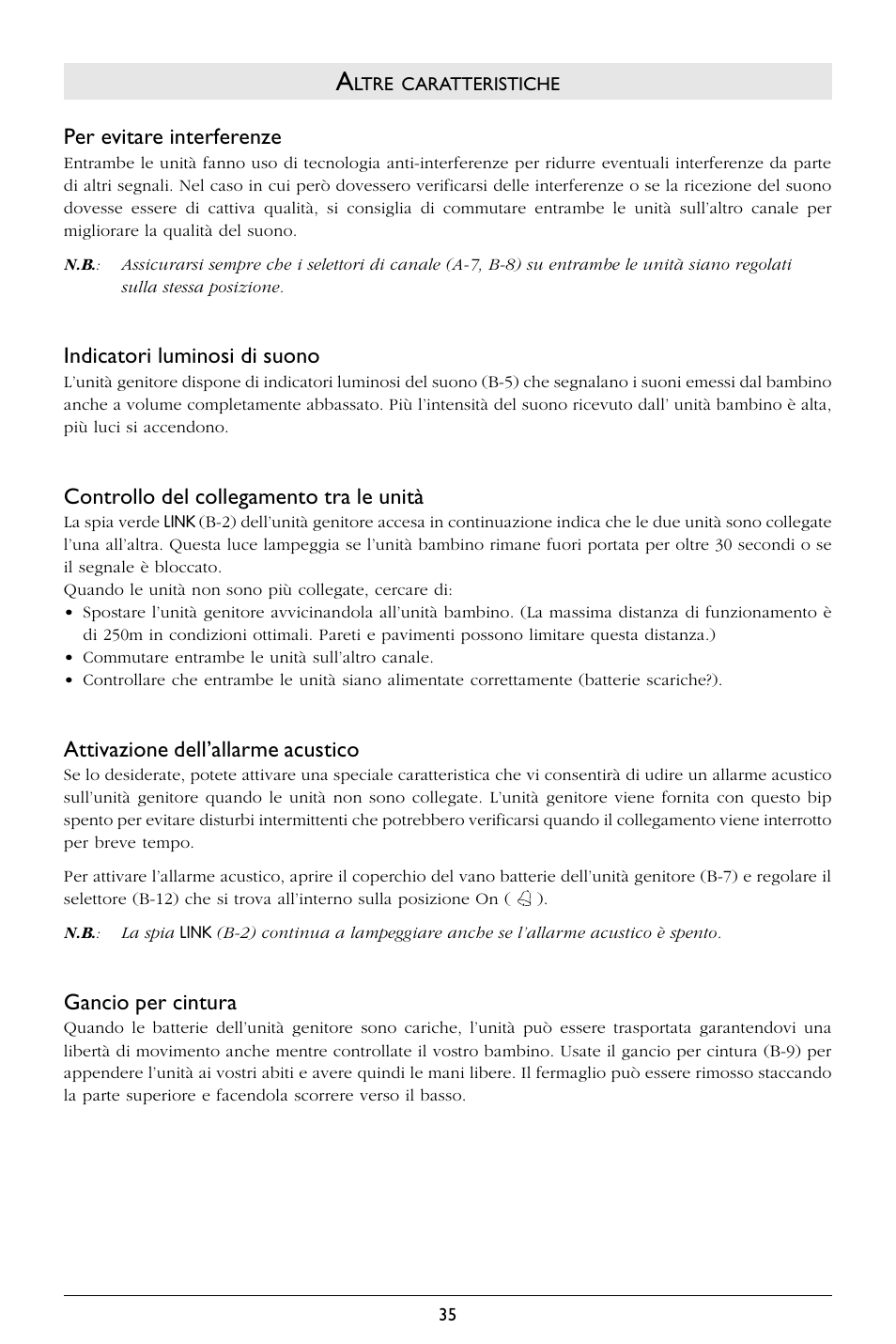 Per evitare interferenze, Indicatori luminosi di suono, Controllo del collegamento tra le unità | Attivazione dell’allarme acustico, Gancio per cintura | Philips SBCSC365 User Manual | Page 36 / 75