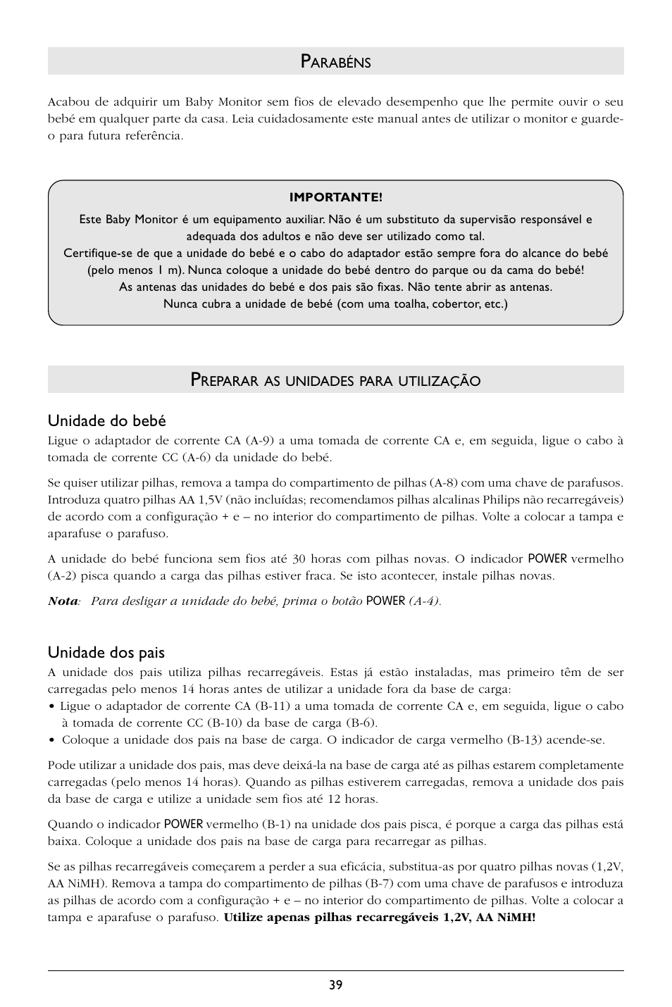 Unidade do bebé, Unidade dos pais | Philips SBCSC365 User Manual | Page 40 / 75