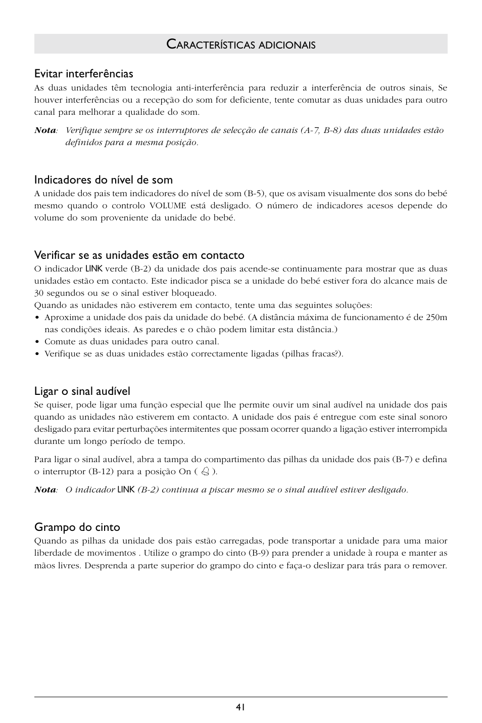 Evitar interferências, Indicadores do nível de som, Verificar se as unidades estão em contacto | Ligar o sinal audível, Grampo do cinto | Philips SBCSC365 User Manual | Page 42 / 75