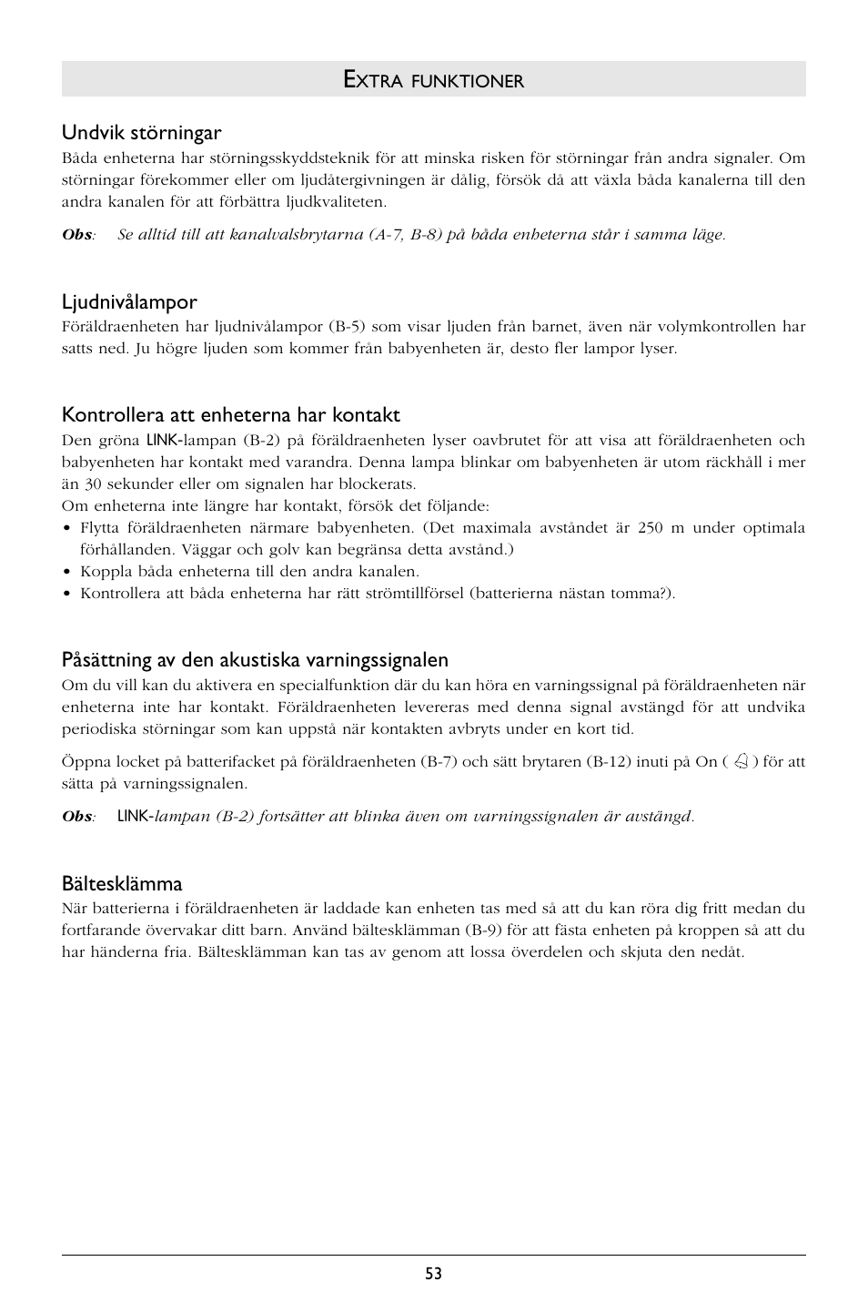 Undvik störningar, Ljudnivålampor, Kontrollera att enheterna har kontakt | Påsättning av den akustiska varningssignalen, Bältesklämma | Philips SBCSC365 User Manual | Page 54 / 75