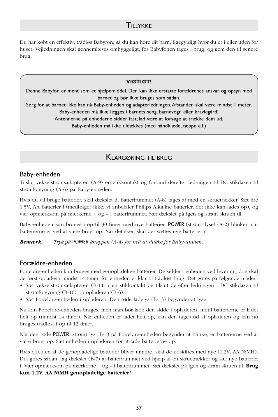 Baby-enheden, Forældre-enheden | Philips SBCSC365 User Manual | Page 58 / 75