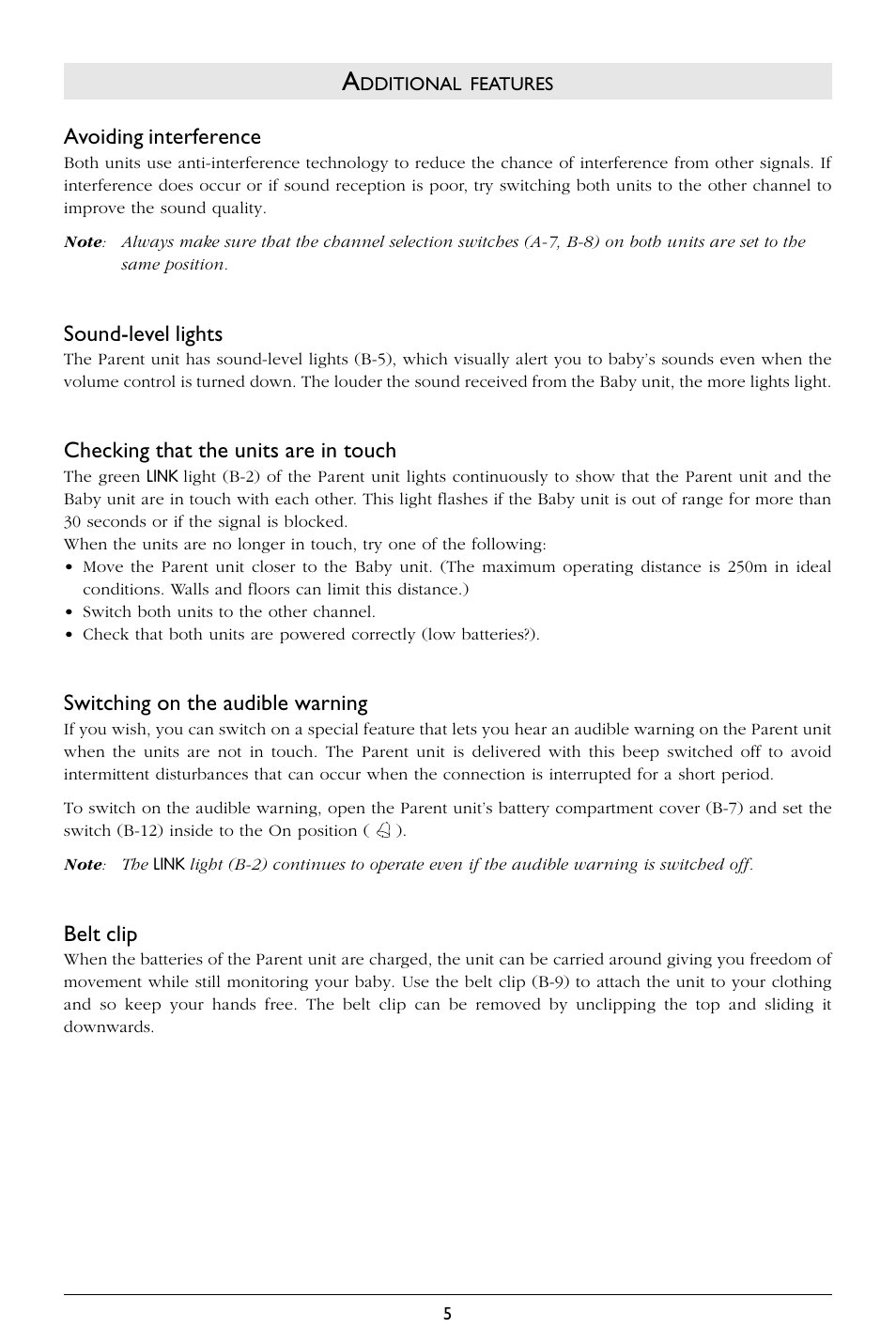 Avoiding interference, Sound-level lights, Checking that the units are in touch | Switching on the audible warning, Belt clip | Philips SBCSC365 User Manual | Page 6 / 75