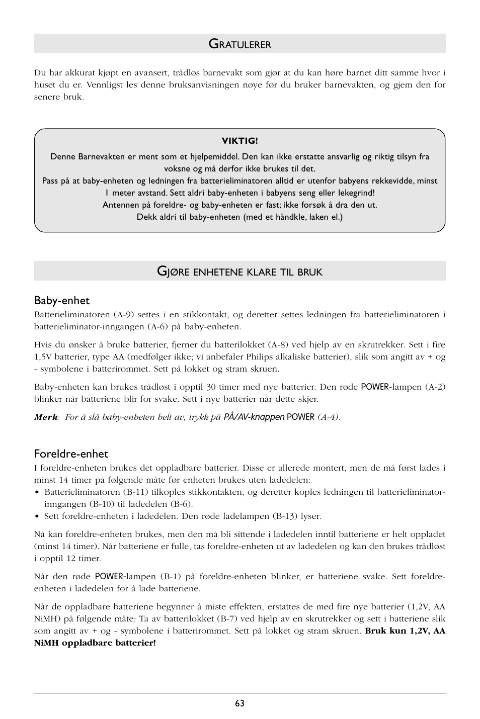 Baby-enhet, Foreldre-enhet | Philips SBCSC365 User Manual | Page 64 / 75