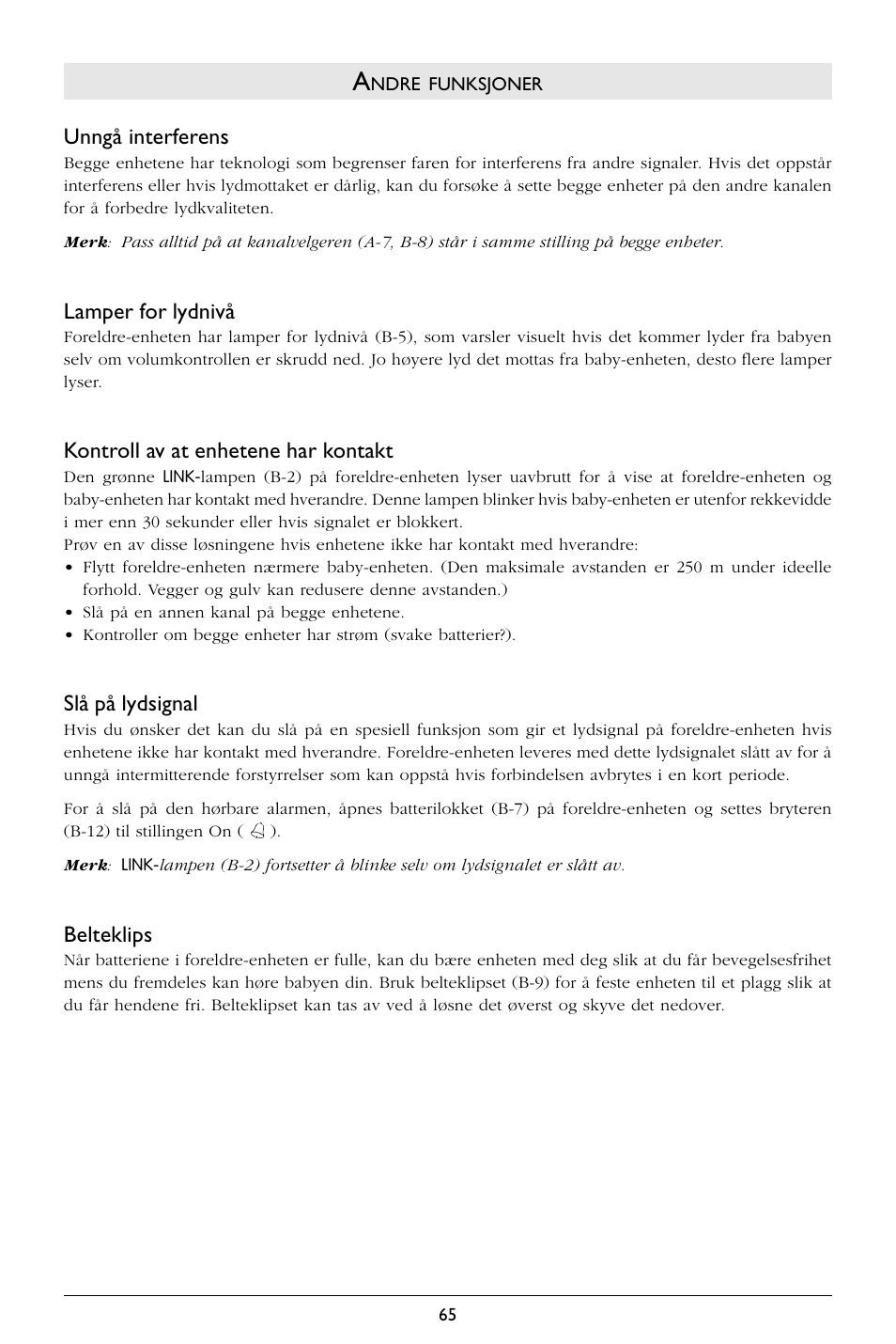 Unngå interferens, Lamper for lydnivå, Kontroll av at enhetene har kontakt | Slå på lydsignal, Belteklips | Philips SBCSC365 User Manual | Page 66 / 75