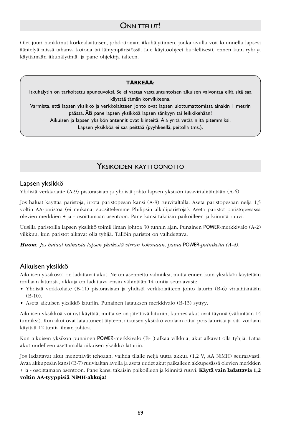 Lapsen yksikkö, Aikuisen yksikkö | Philips SBCSC365 User Manual | Page 70 / 75