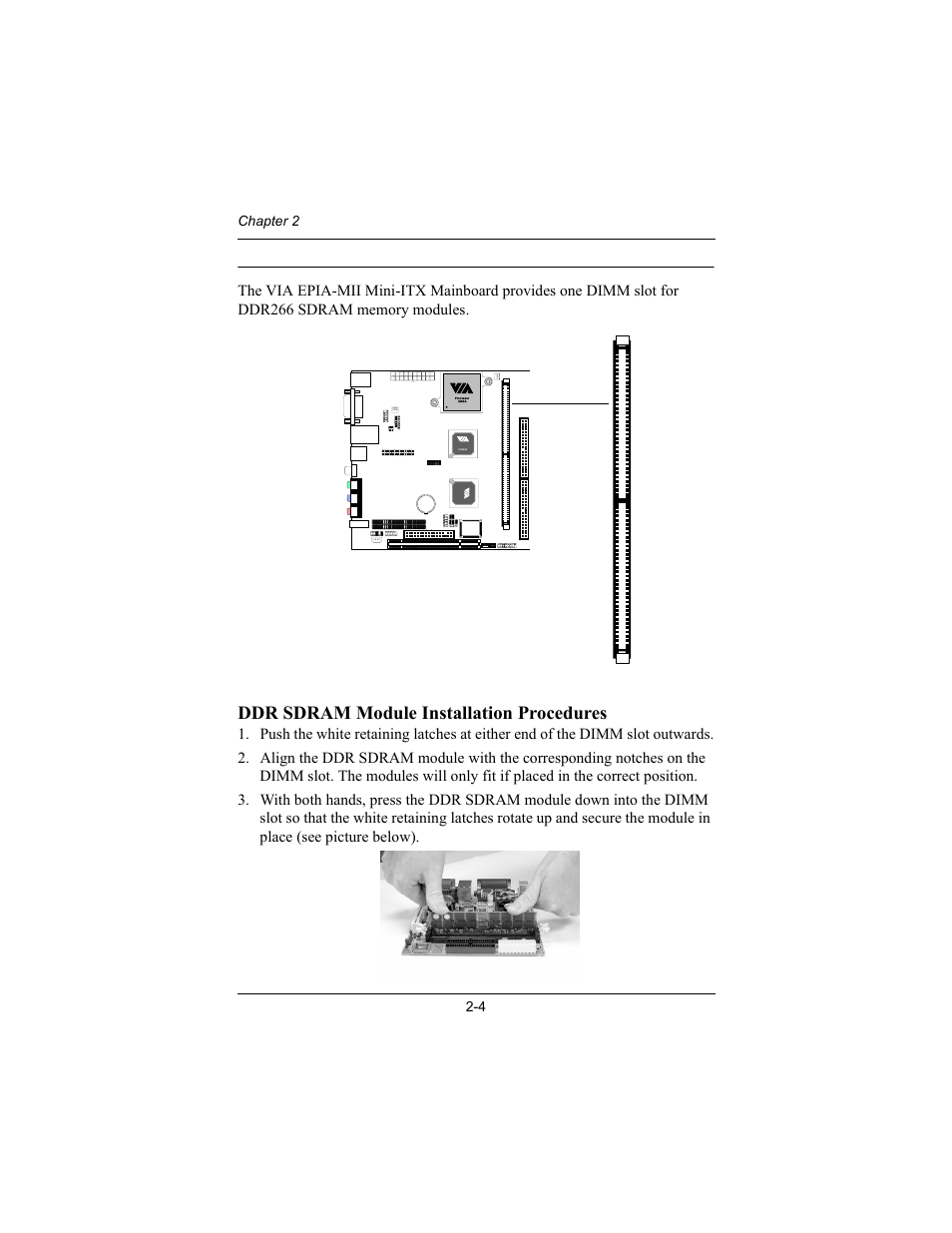 Ddr sdram module installation procedures | Philips Mini-ITX Mainboard EPIA-MII User Manual | Page 19 / 75