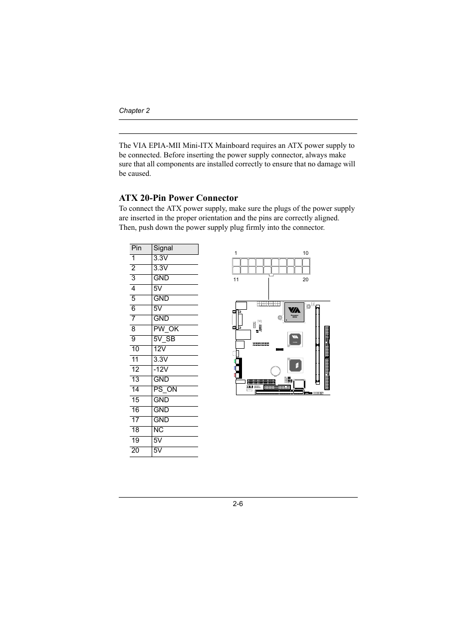 Connecting the power supply, Atx 20-pin power connector | Philips Mini-ITX Mainboard EPIA-MII User Manual | Page 21 / 75