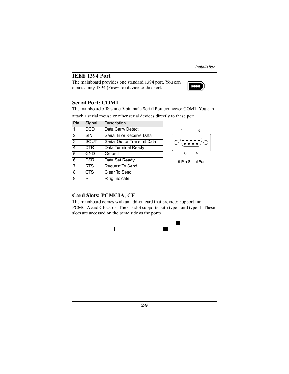 Ieee 1394 port, Serial port: com1, Card slots: pcmcia, cf | Philips Mini-ITX Mainboard EPIA-MII User Manual | Page 24 / 75