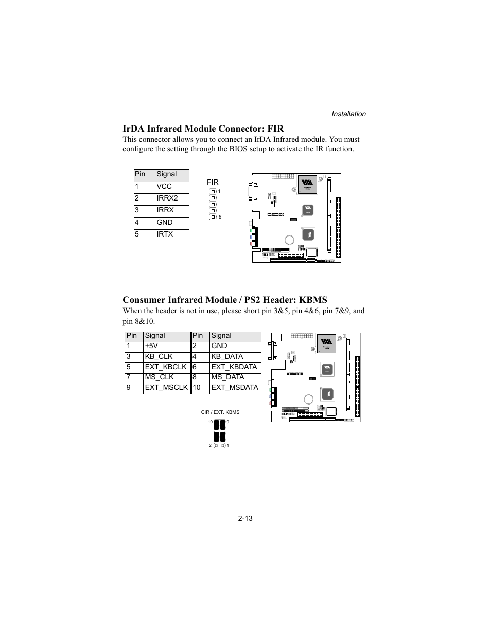 Irda infrared module connector: fir, Consumer infrared module / ps2 header: kbms | Philips Mini-ITX Mainboard EPIA-MII User Manual | Page 28 / 75