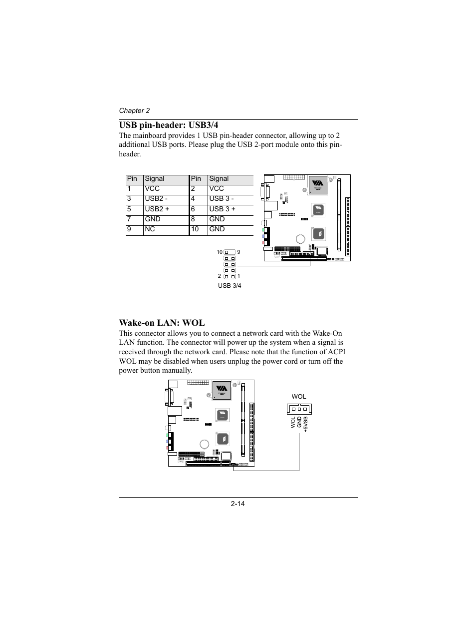 Usb pin-header: usb3/4, Wake-on lan: wol | Philips Mini-ITX Mainboard EPIA-MII User Manual | Page 29 / 75