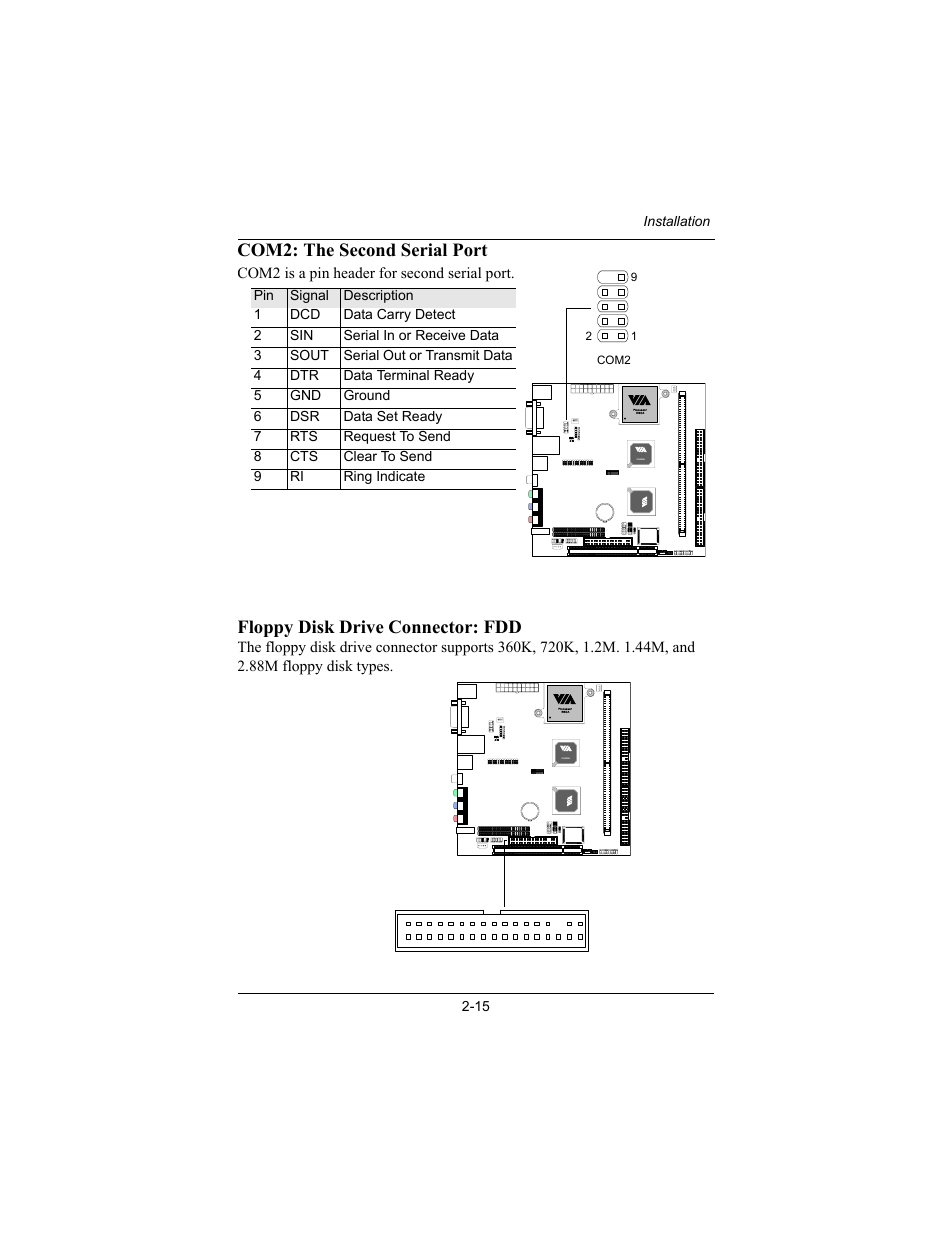 Com2: the second serial port, Floppy disk drive connector: fdd | Philips Mini-ITX Mainboard EPIA-MII User Manual | Page 30 / 75