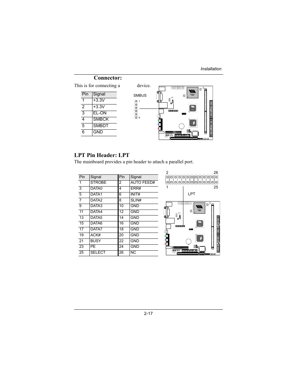 Smbus connector: smbus, Lpt pin header: lpt | Philips Mini-ITX Mainboard EPIA-MII User Manual | Page 32 / 75