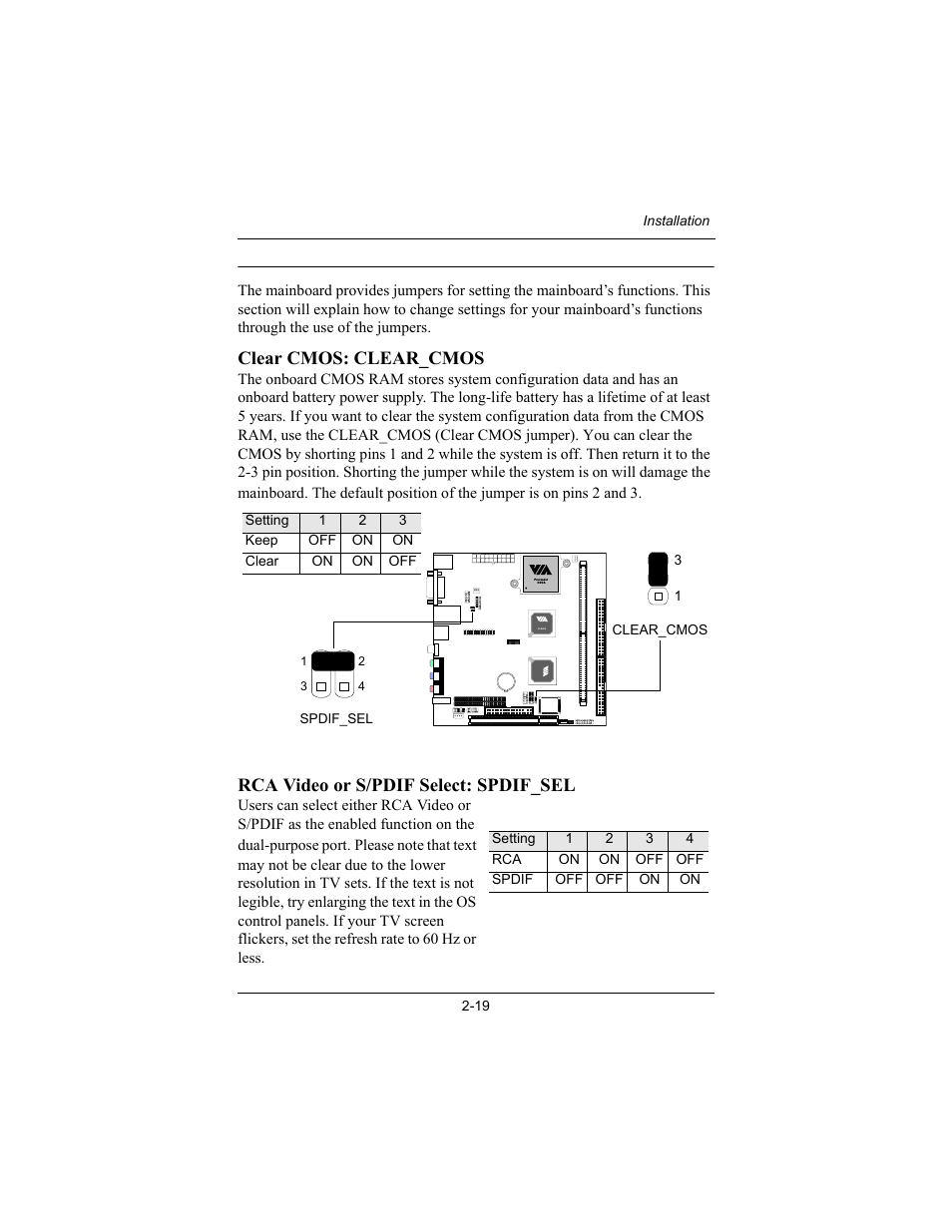 Jumpers, Clear cmos: clear_cmos, Rca video or s/pdif select: spdif_sel | Philips Mini-ITX Mainboard EPIA-MII User Manual | Page 34 / 75