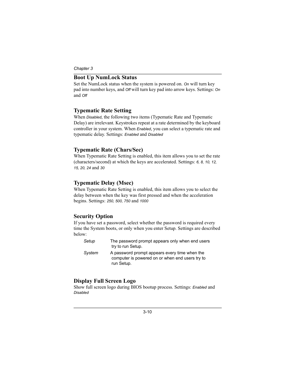 Boot up numlock status, Typematic rate setting, Typematic rate (chars/sec) | Typematic delay (msec), Security option, Display full screen logo | Philips Mini-ITX Mainboard EPIA-MII User Manual | Page 45 / 75