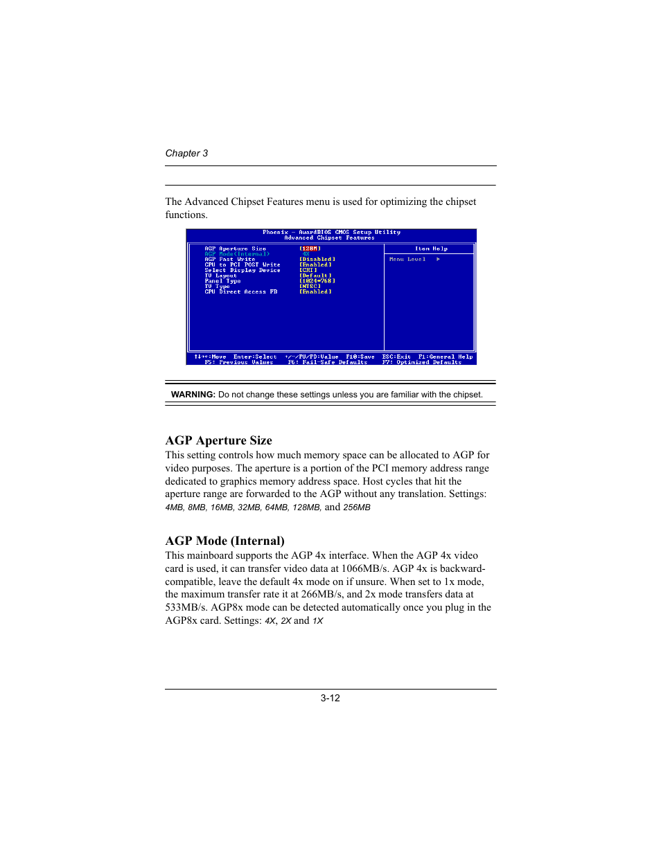 Advanced chipset features, Agp aperture size, Agp mode (internal) | Philips Mini-ITX Mainboard EPIA-MII User Manual | Page 47 / 75