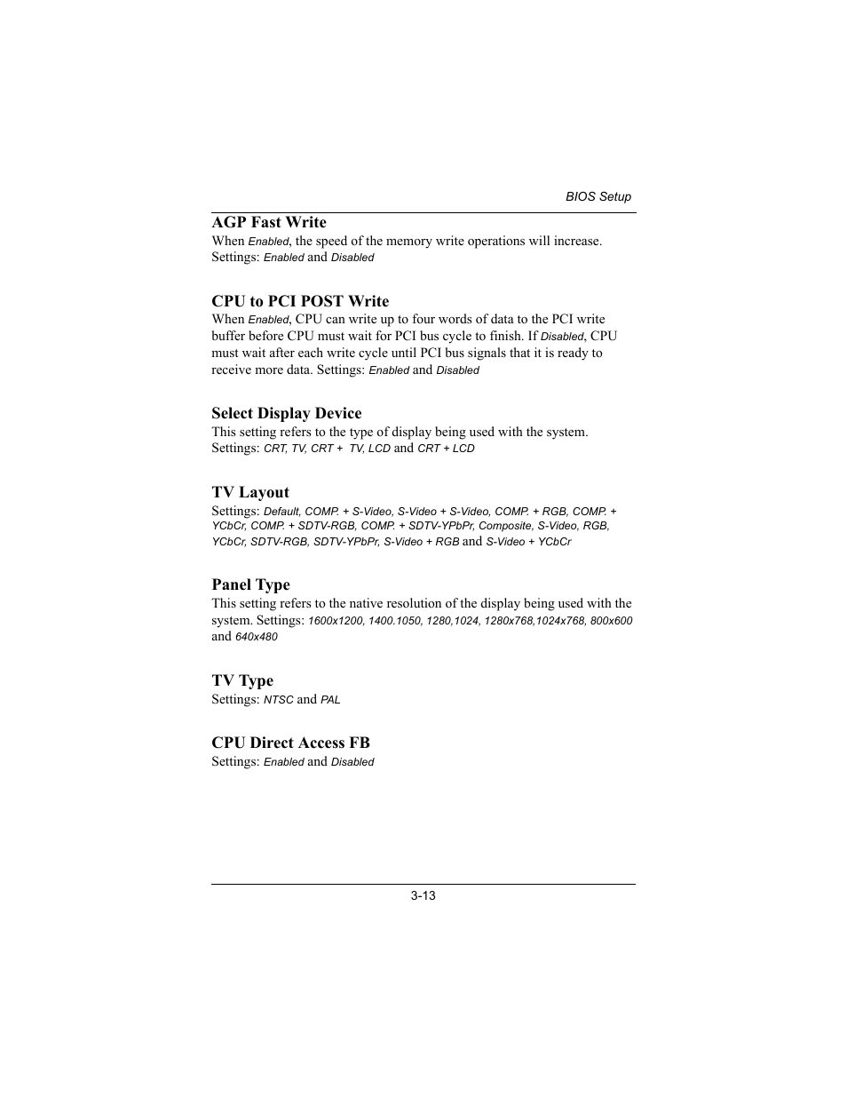 Agp fast write, Cpu to pci post write, Select display device | Tv layout, Panel type, Tv type, Cpu direct access fb | Philips Mini-ITX Mainboard EPIA-MII User Manual | Page 48 / 75