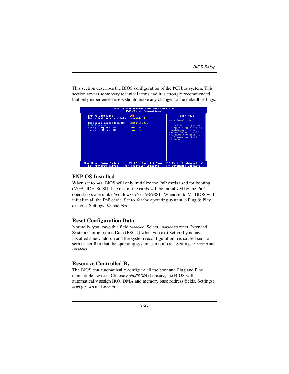 Pnp/pci configurations, Pnp os installed, Reset configuration data | Resource controlled by | Philips Mini-ITX Mainboard EPIA-MII User Manual | Page 58 / 75