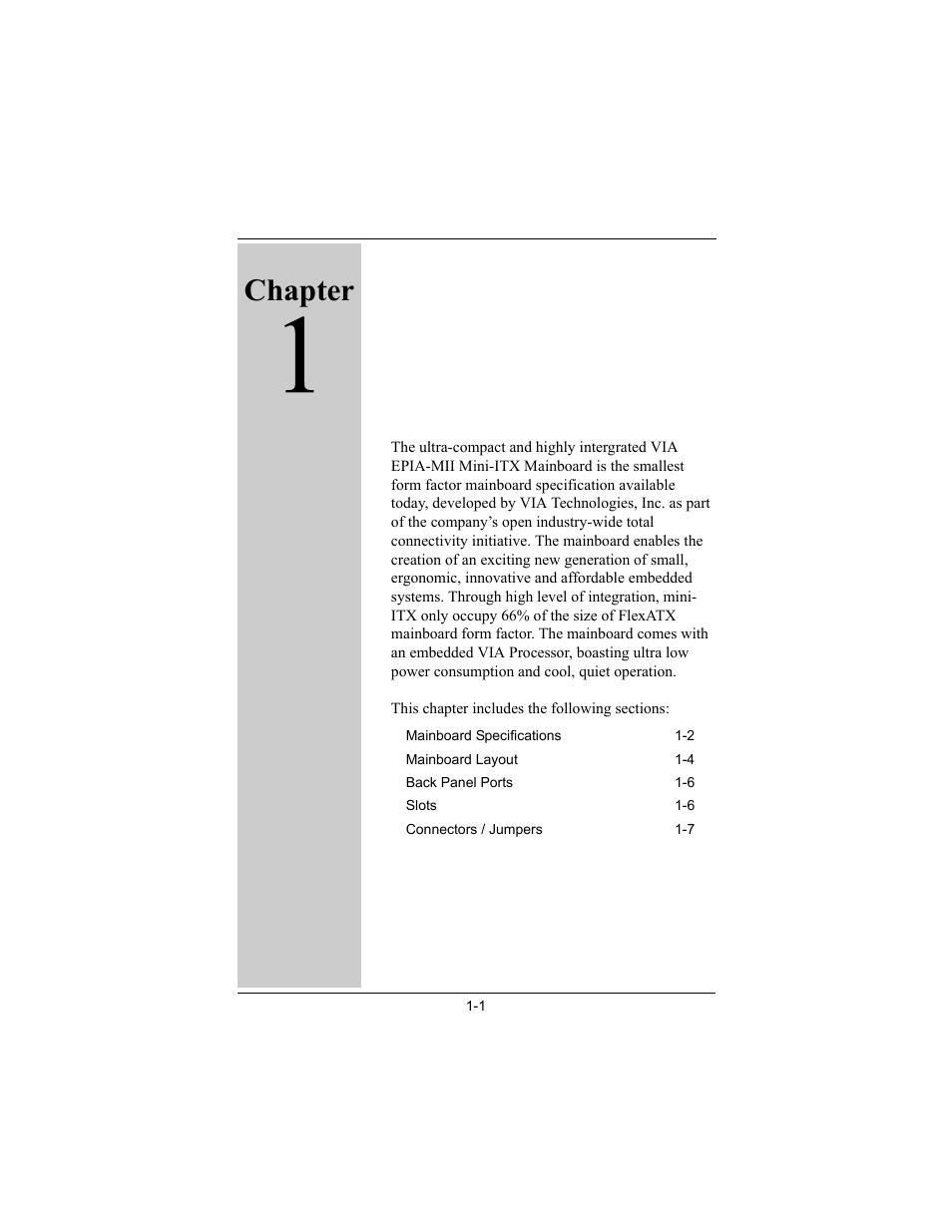 Chapter, Specifications | Philips Mini-ITX Mainboard EPIA-MII User Manual | Page 8 / 75