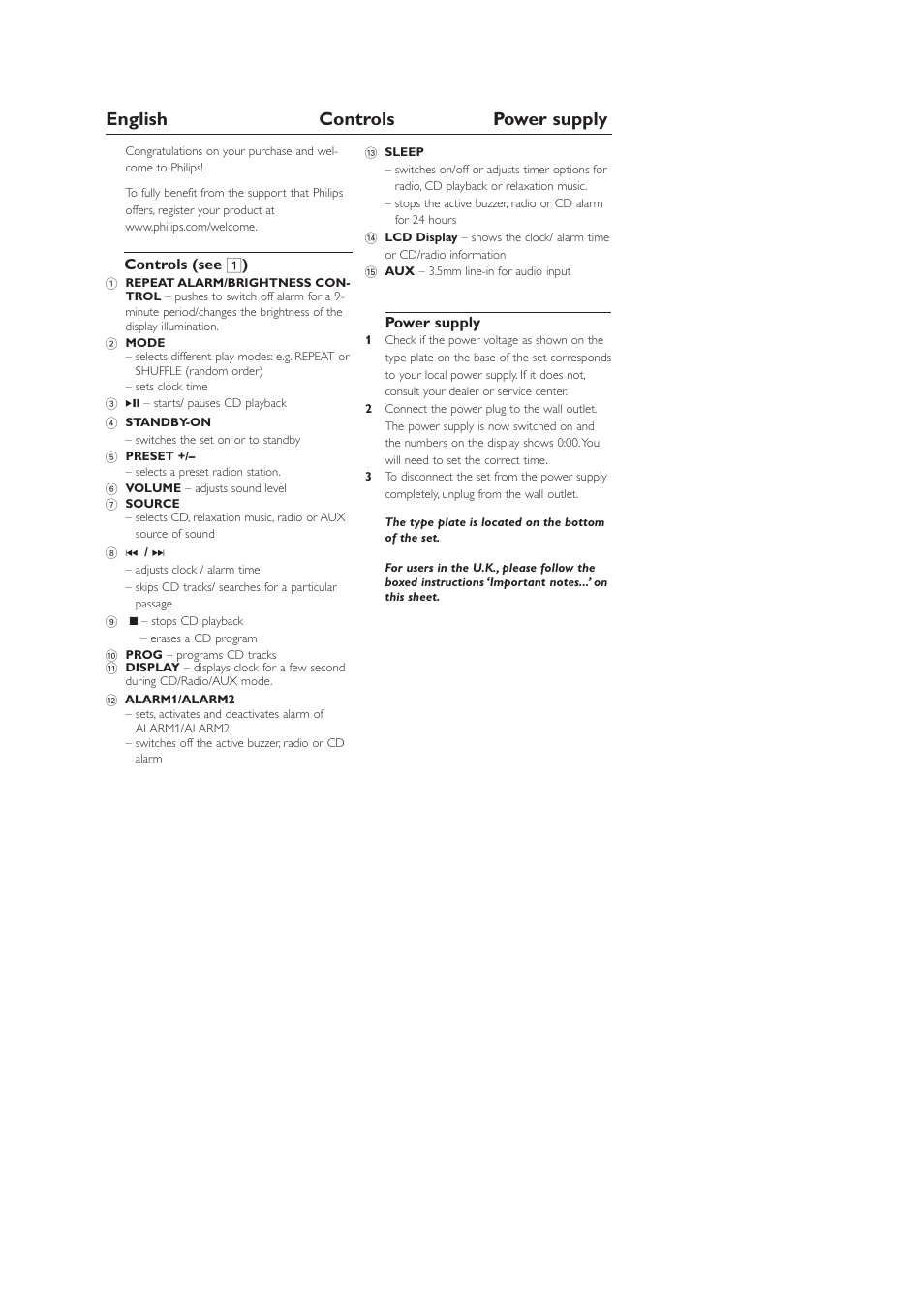 English controls power supply | Philips AJ3916CD User Manual | Page 5 / 13