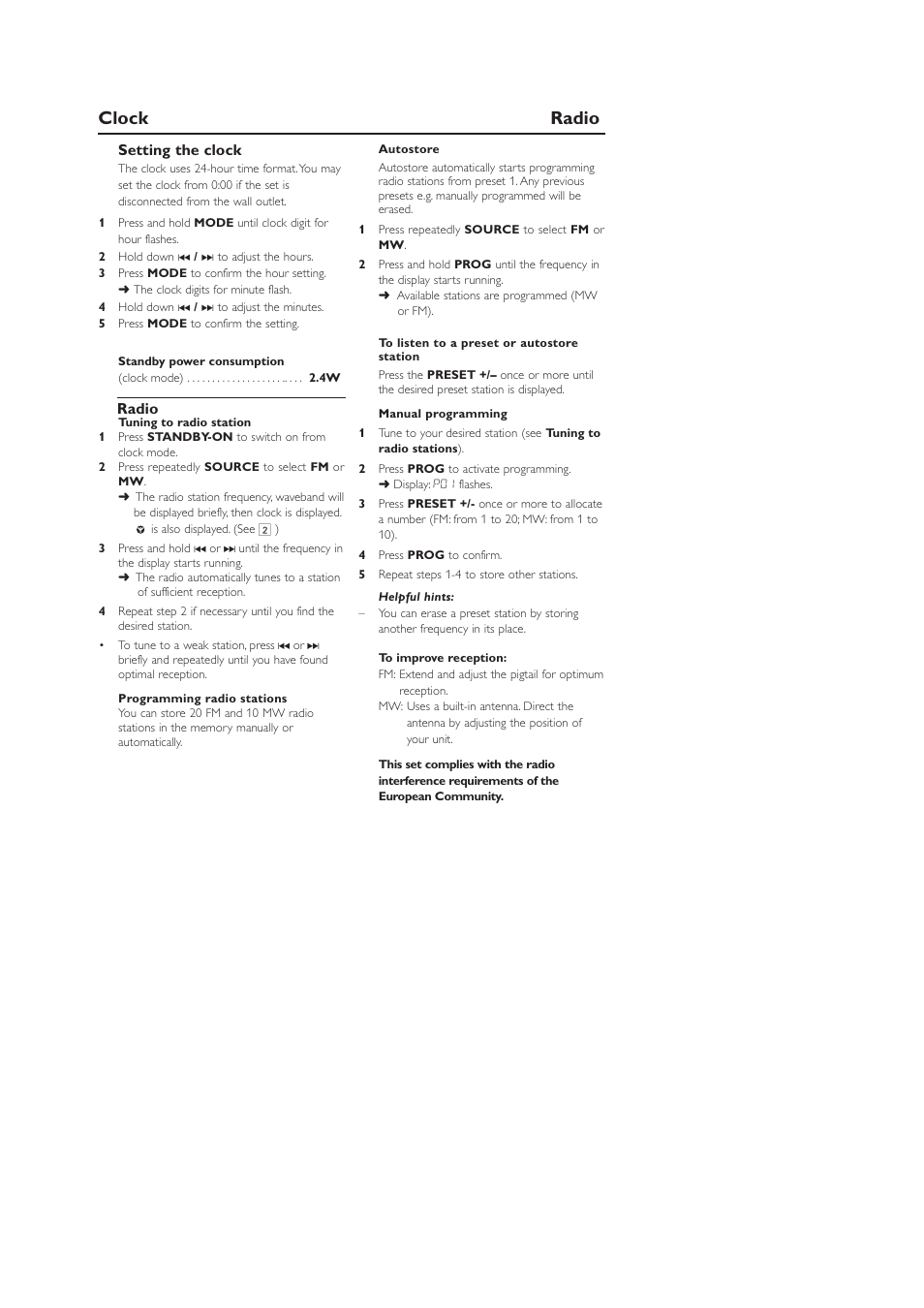 Clock radio, Setting the clock, Radio | Philips AJ3916CD User Manual | Page 6 / 13