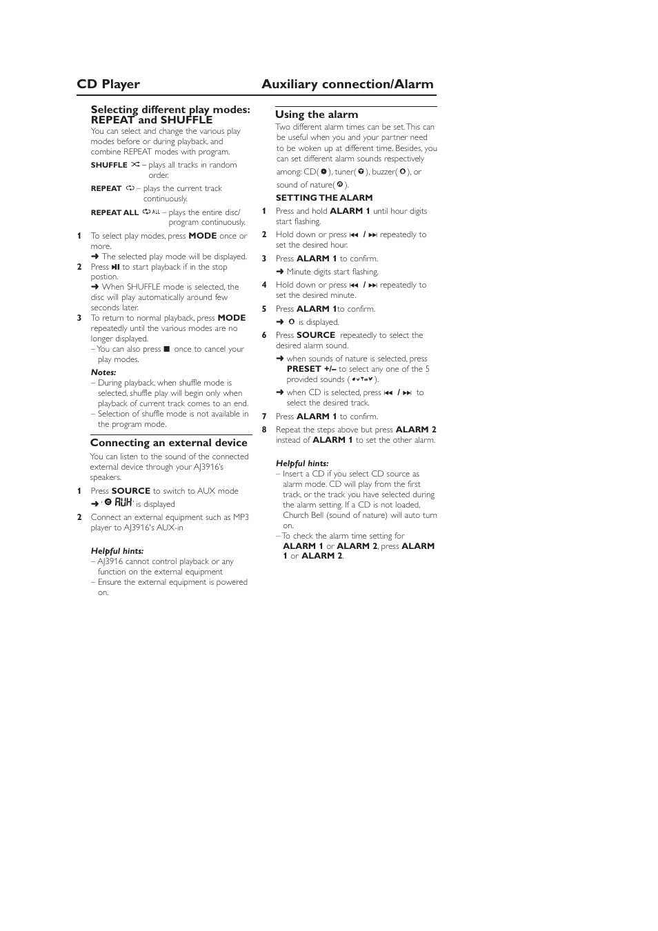 Cd player auxiliary connection/alarm, Selecting different play modes: repeat and shuffle, Connecting an external device | Using the alarm | Philips AJ3916CD User Manual | Page 8 / 13