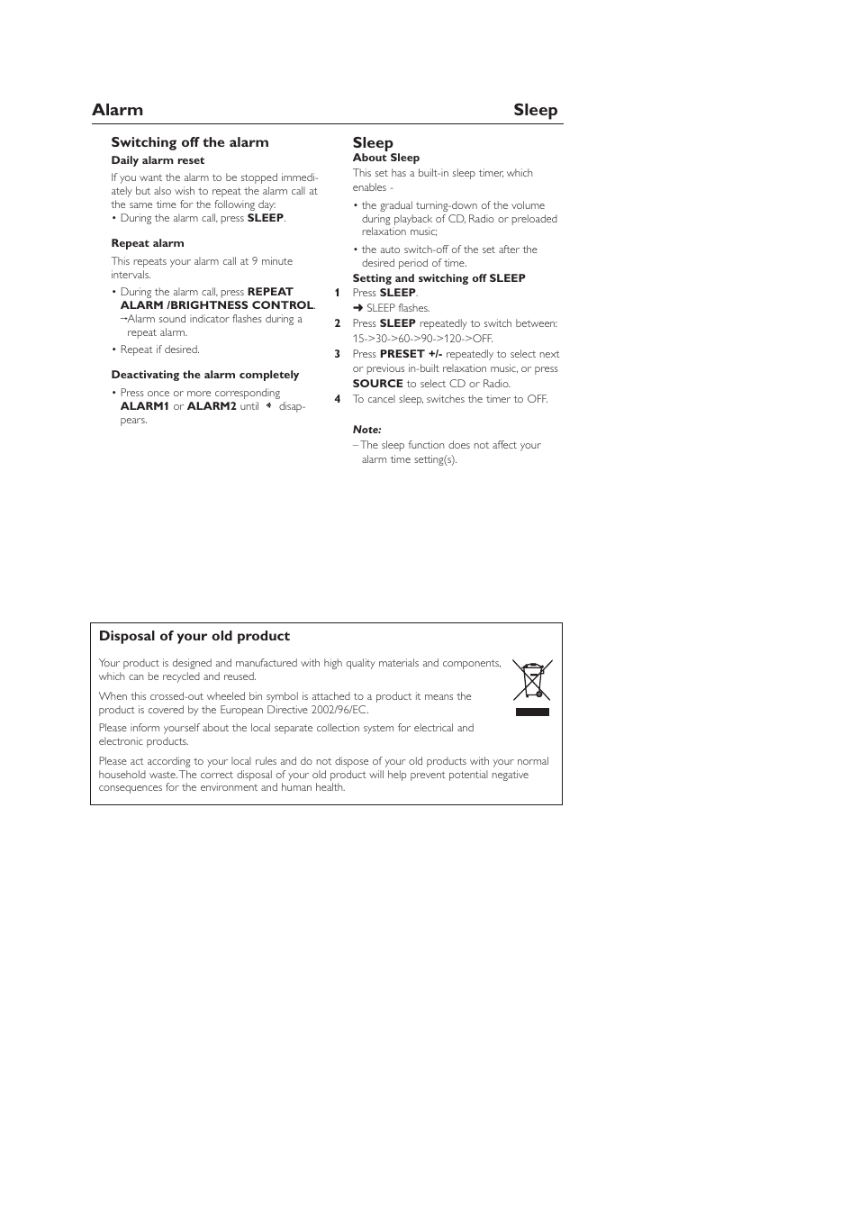 Alarm sleep, Sleep | Philips AJ3916CD User Manual | Page 9 / 13