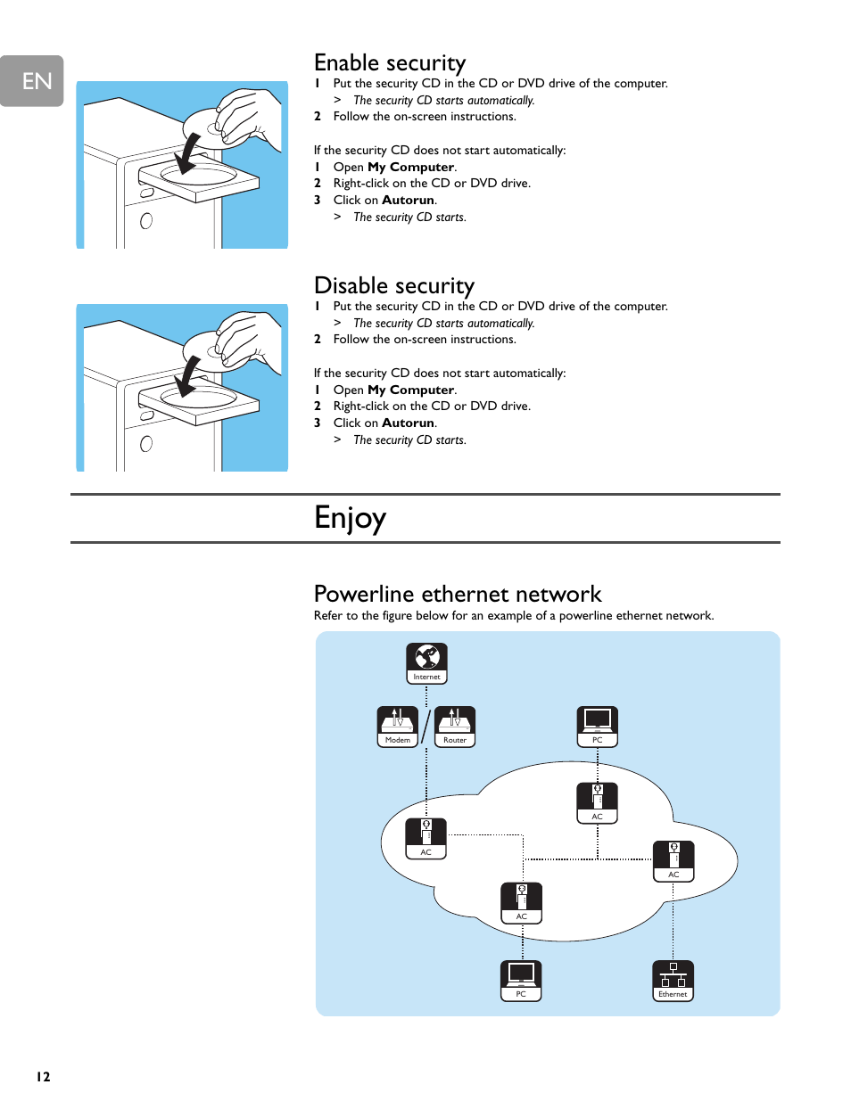 Enable security, Disable security, Enjoy | Powerline ethernet network, Enable security disable security | Philips SYE5600 User Manual | Page 12 / 18