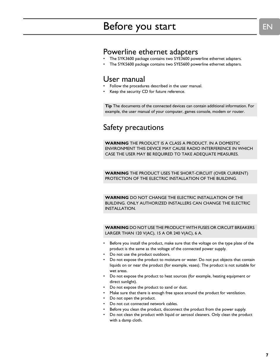 Before you start, Powerline ethernet adapters, User manual | Safety precautions | Philips SYE5600 User Manual | Page 7 / 18